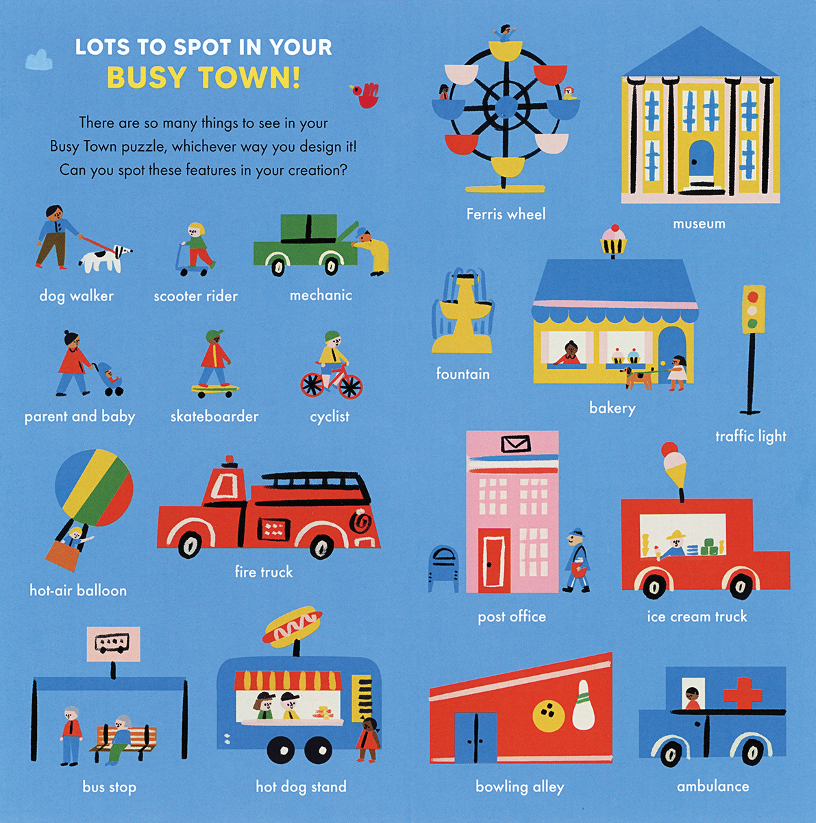 Illustrated urban scene with various elements on a blue background