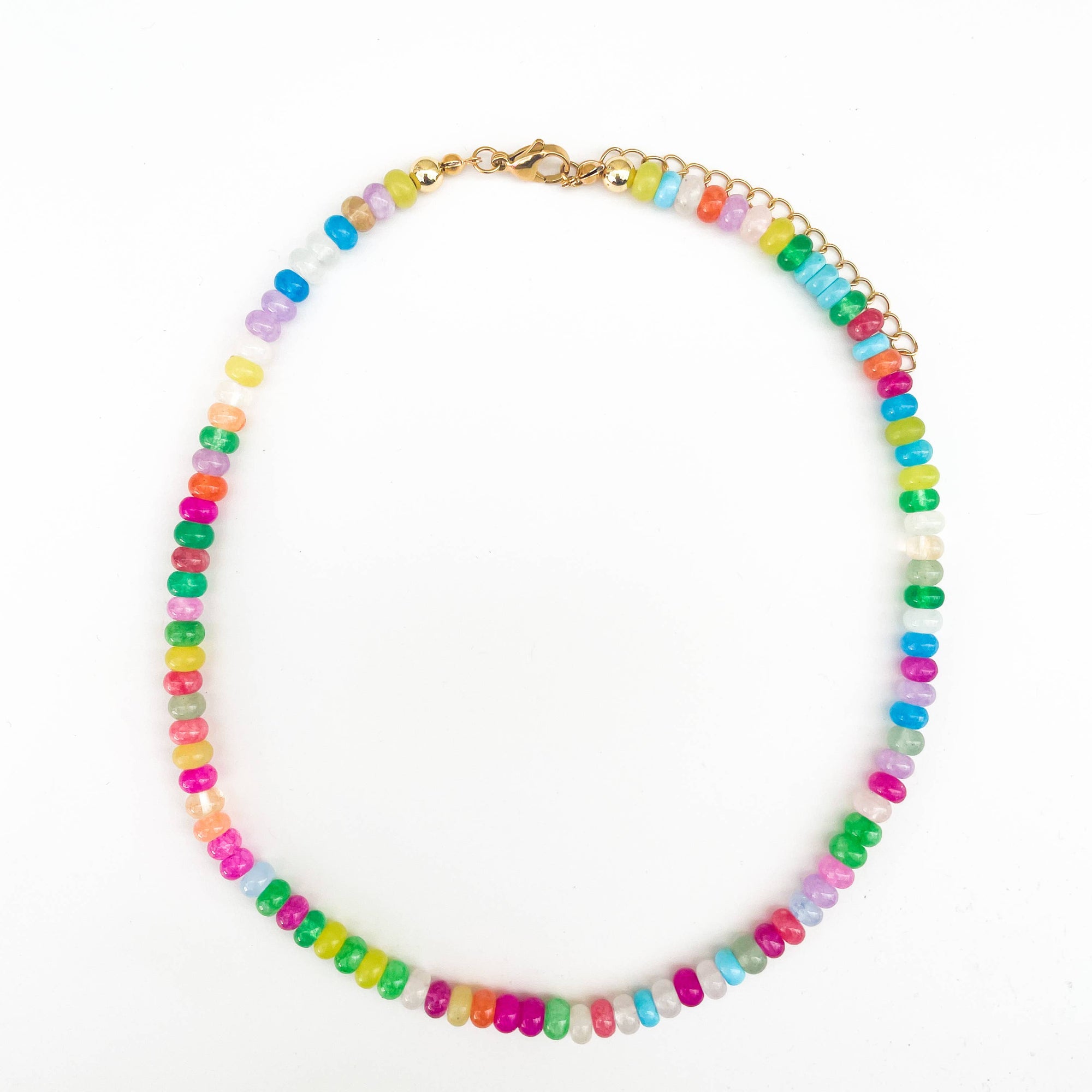 Colorful beaded necklace on a white background