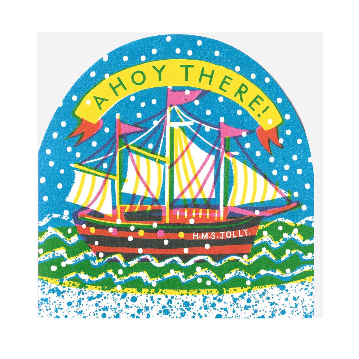 Colorful illustration of a ship with 'Ahoy There!' text on a blue background