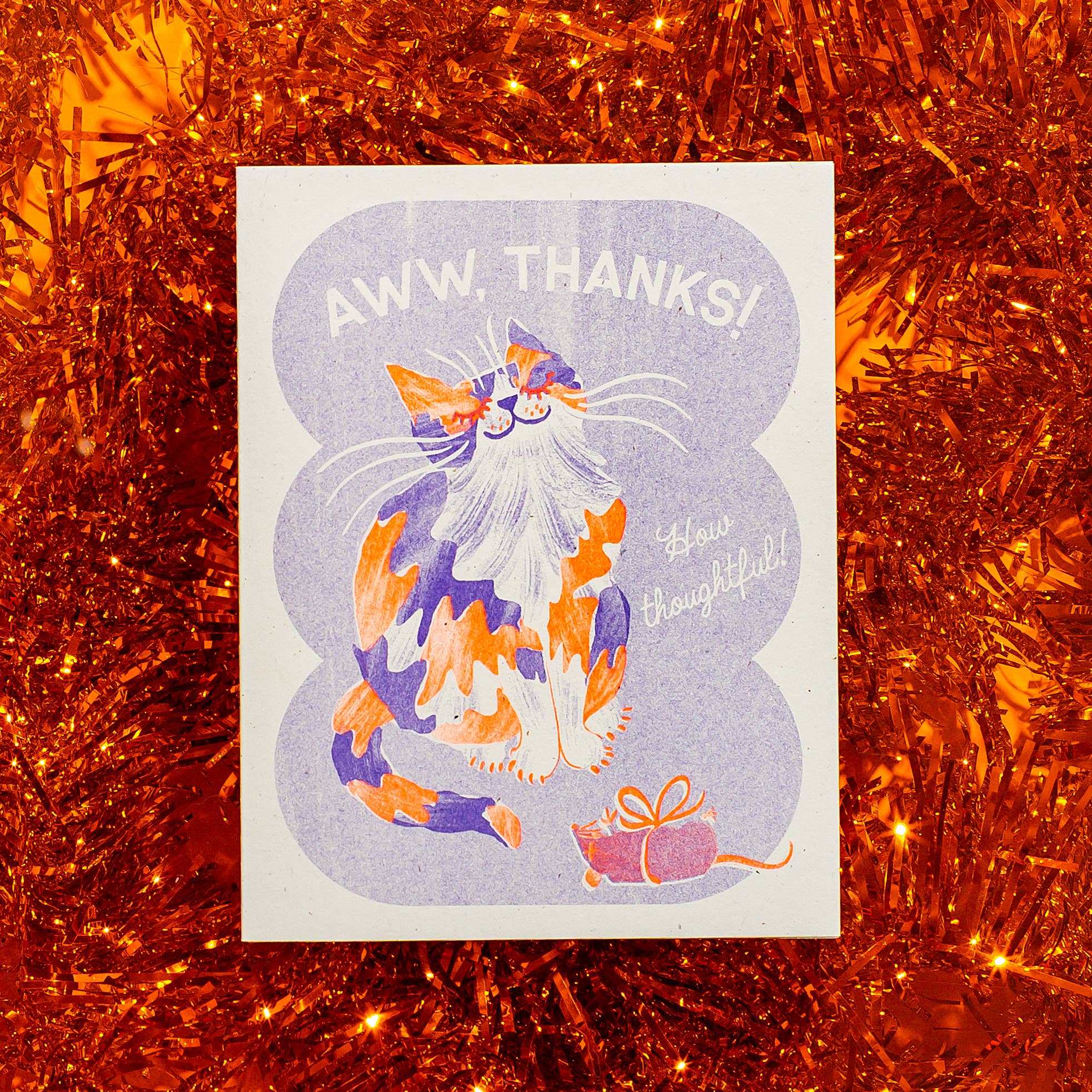 Card with a cat illustration and 'AWW, THANKS!' text on a tinsel background