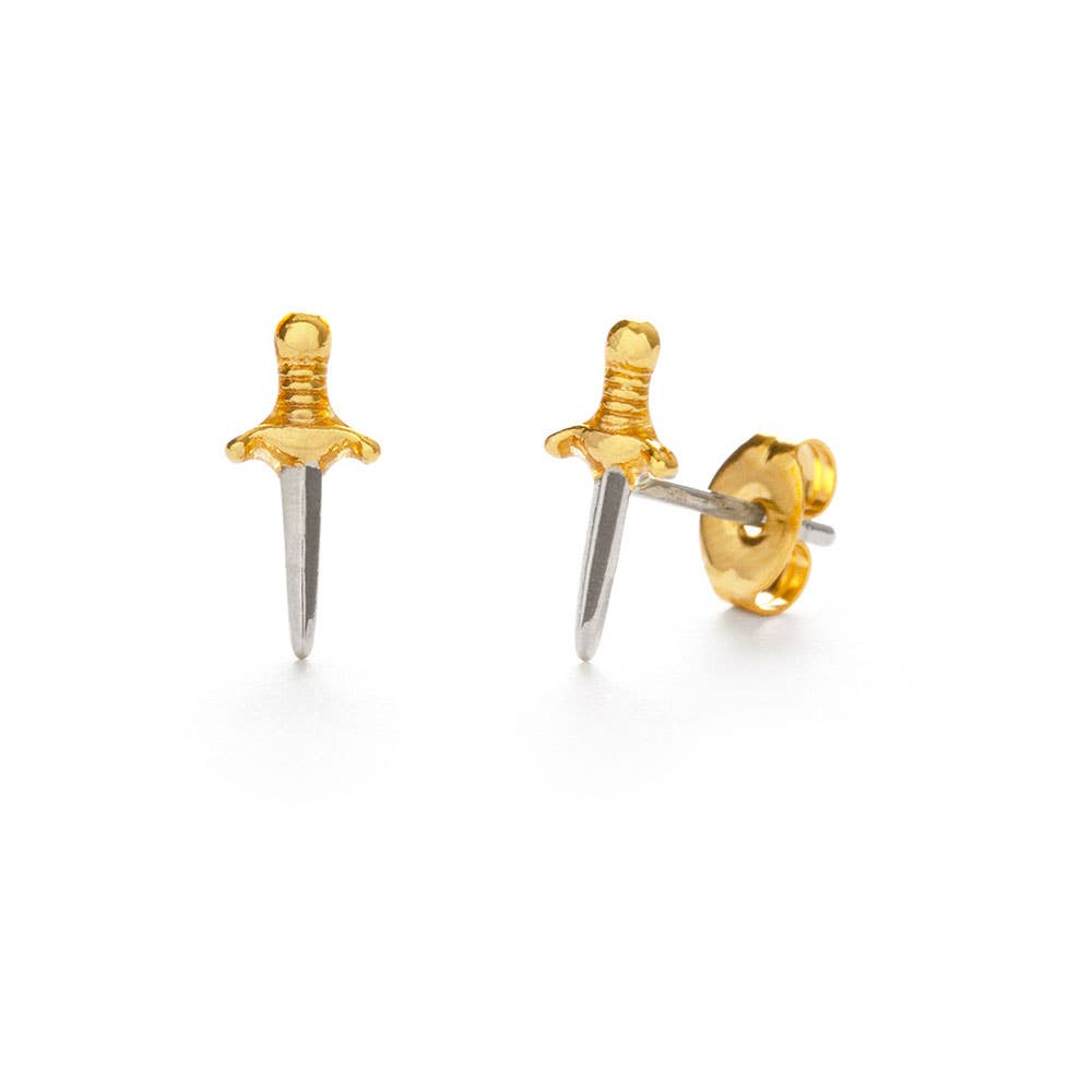 Gold and silver sword-shaped earrings on a white background