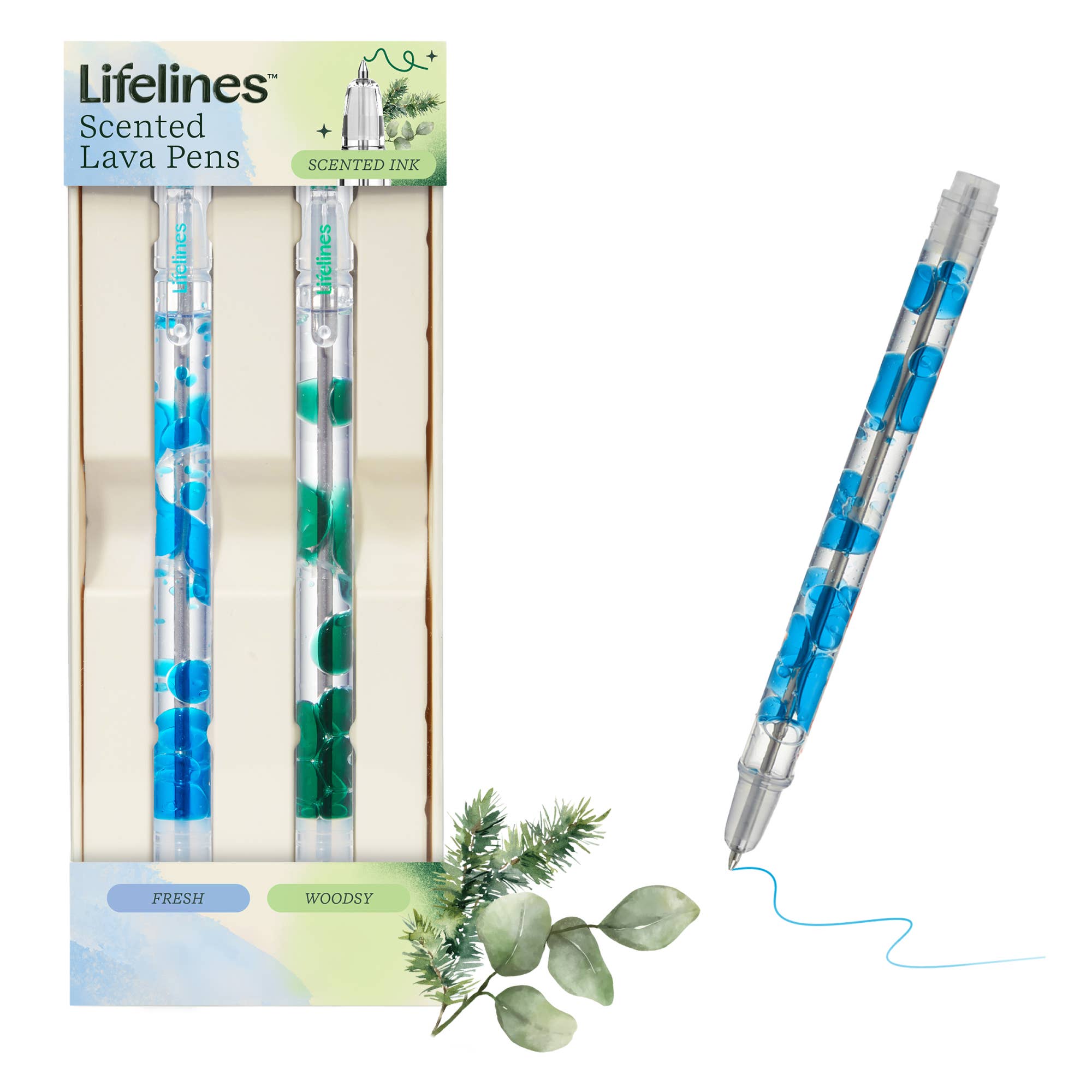 Lifelines scented lava pens with packaging and a pen on a white background