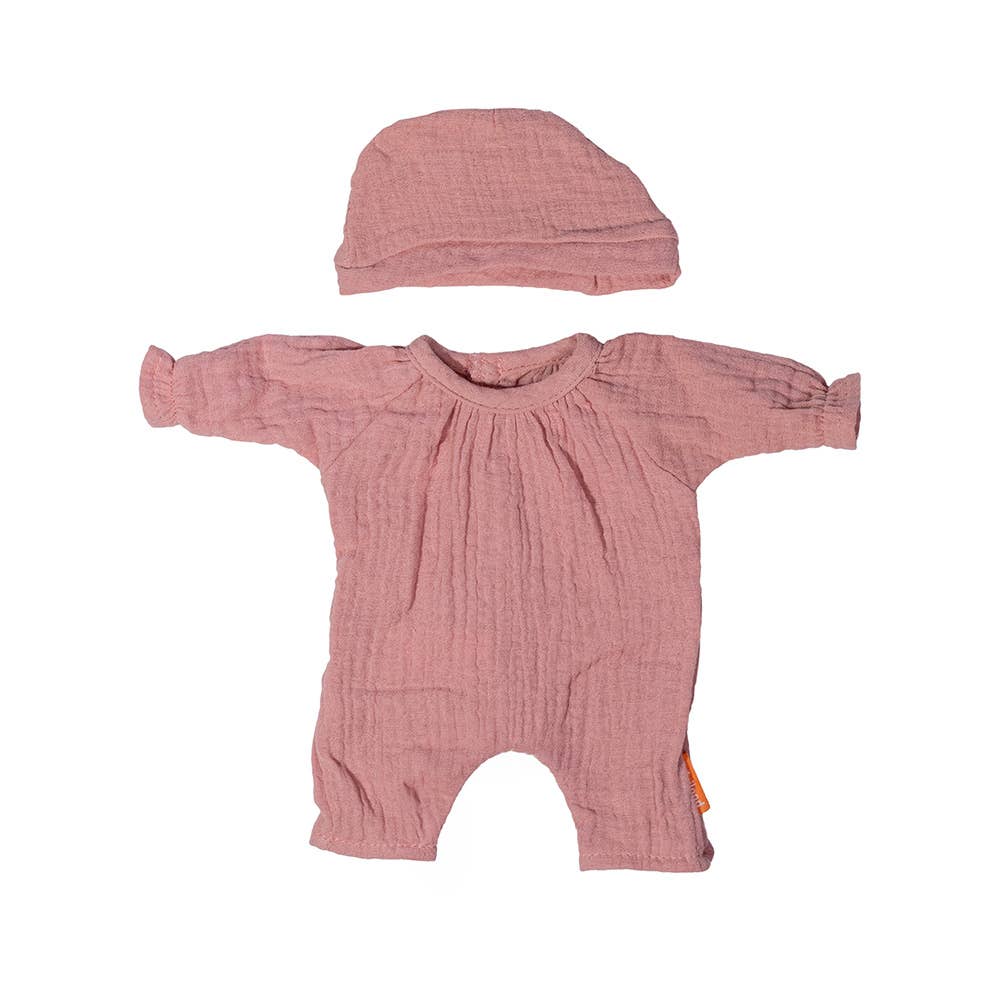 Pink doll  romper with matching hat on a white background