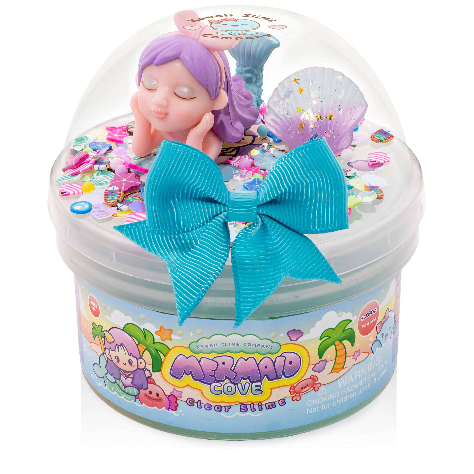 Clear slime container with mermaid figurine and blue bow on a white background