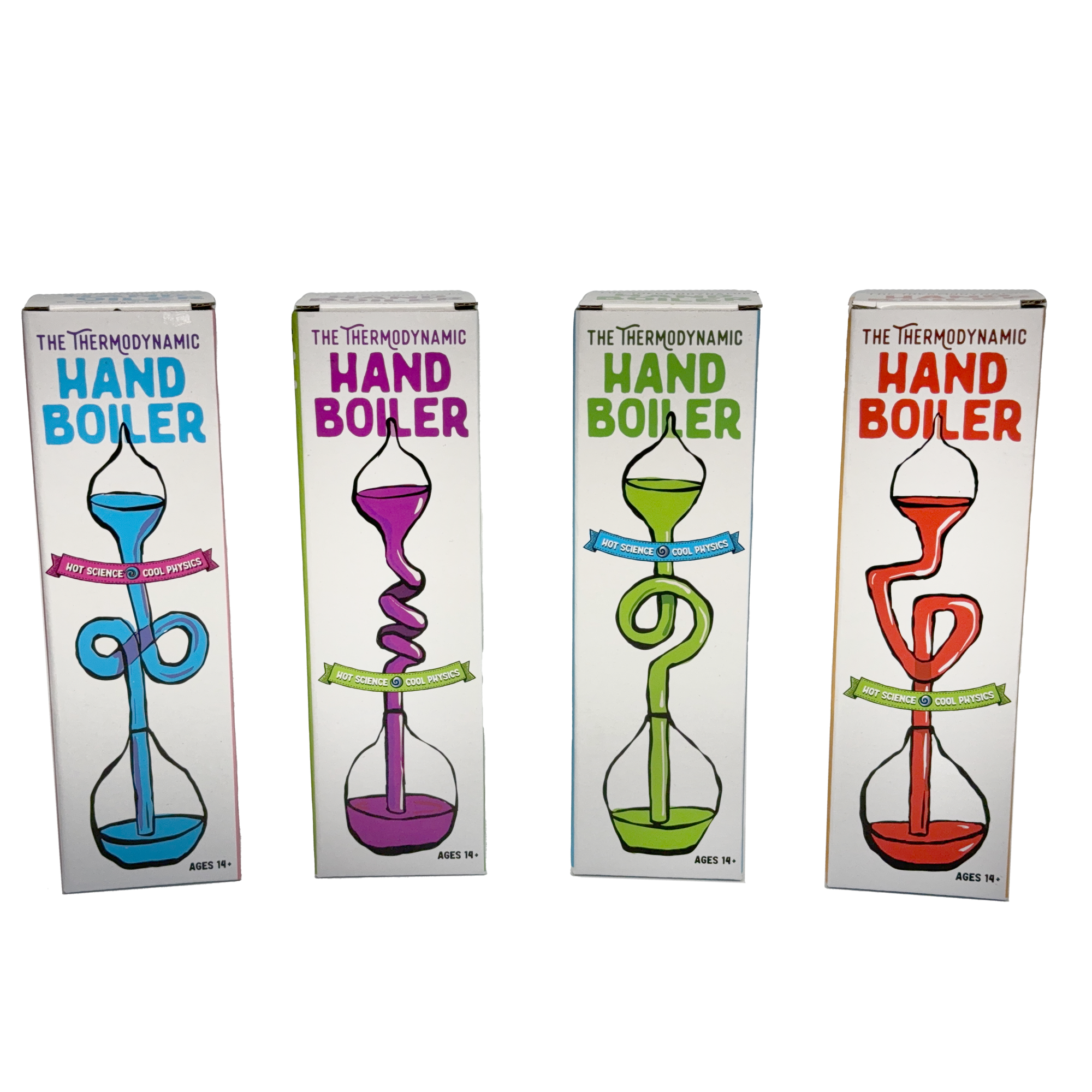 Four hand boilers in different colors (red, green, blue, and purple) with decorative designs on the packaging, labeled as 'The Thermostatic Hand Boiler'.
