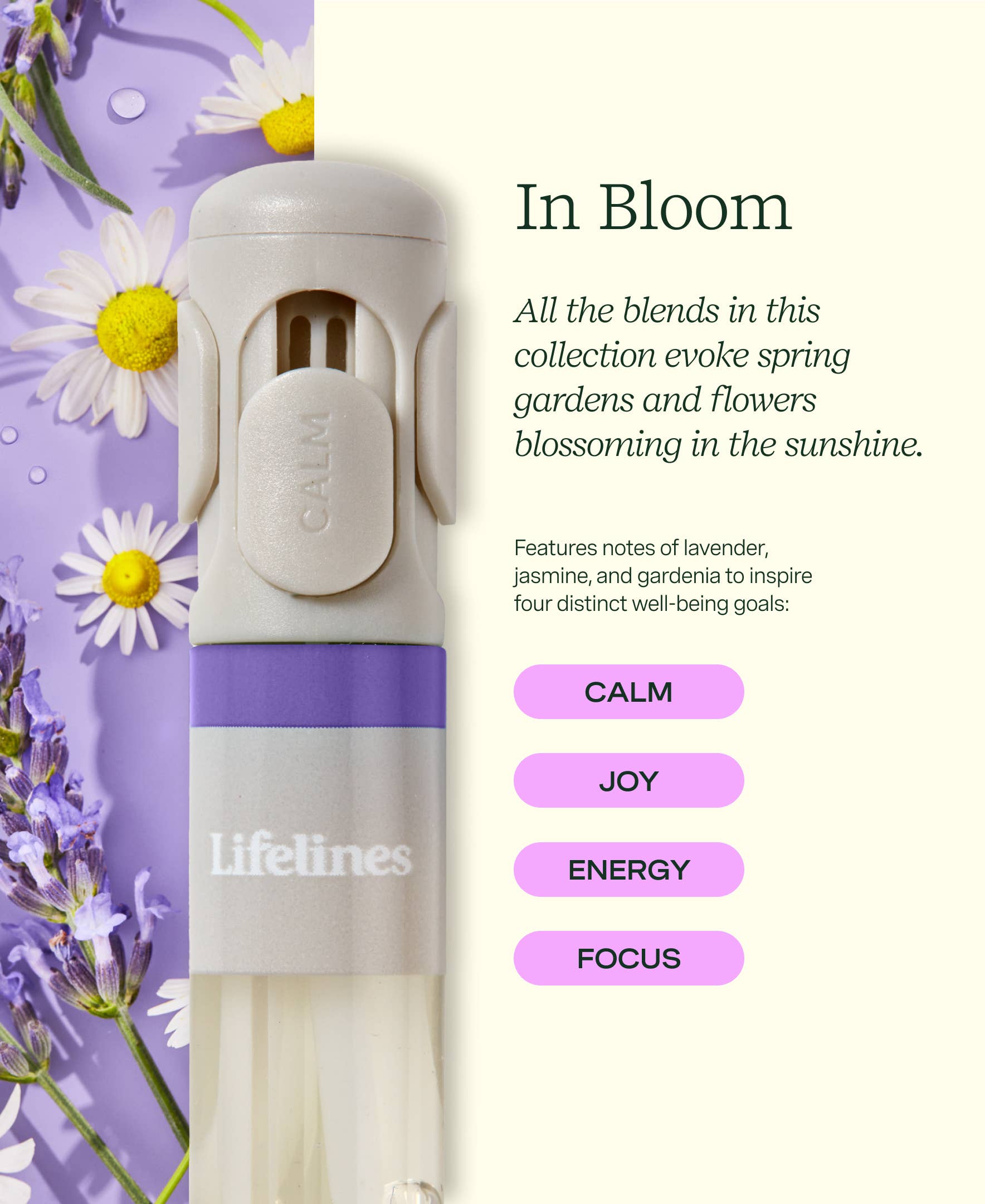Product with 'lifelines' branding on a purple background with flowers and text about well-being goals.