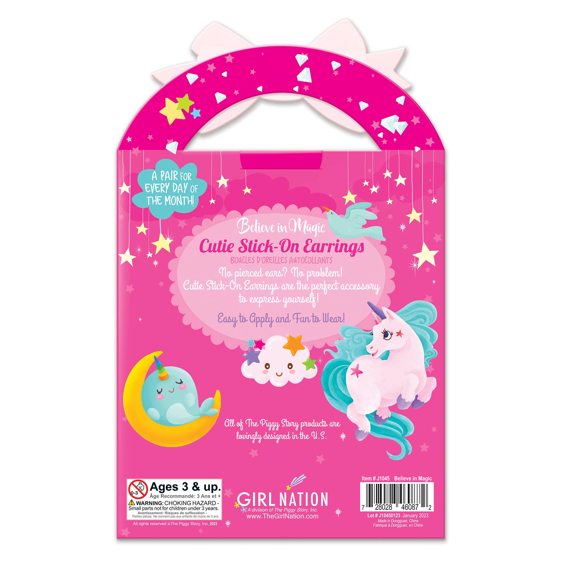 Pink packaging for cutie stick-on earrings with cartoon characters on a white background