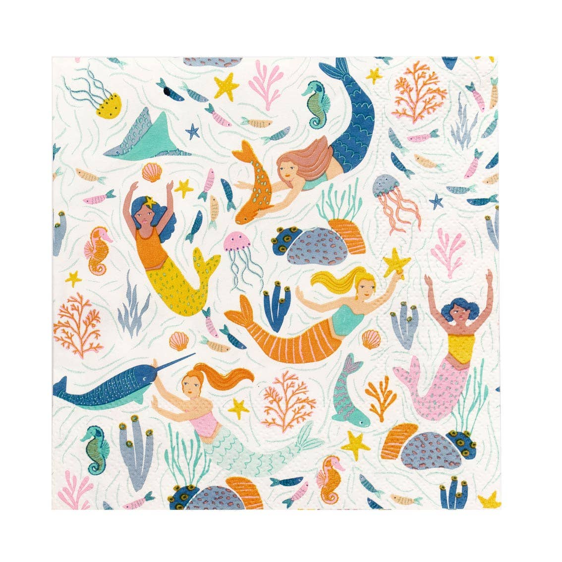 Colorful pattern of mermaids and sea creatures on a white background