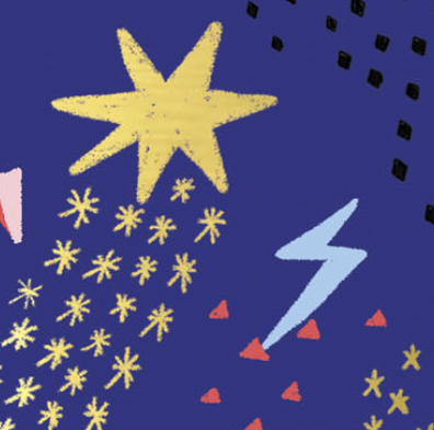 Colorful pattern with stars, a lightning bolt, and abstract shapes on a blue background