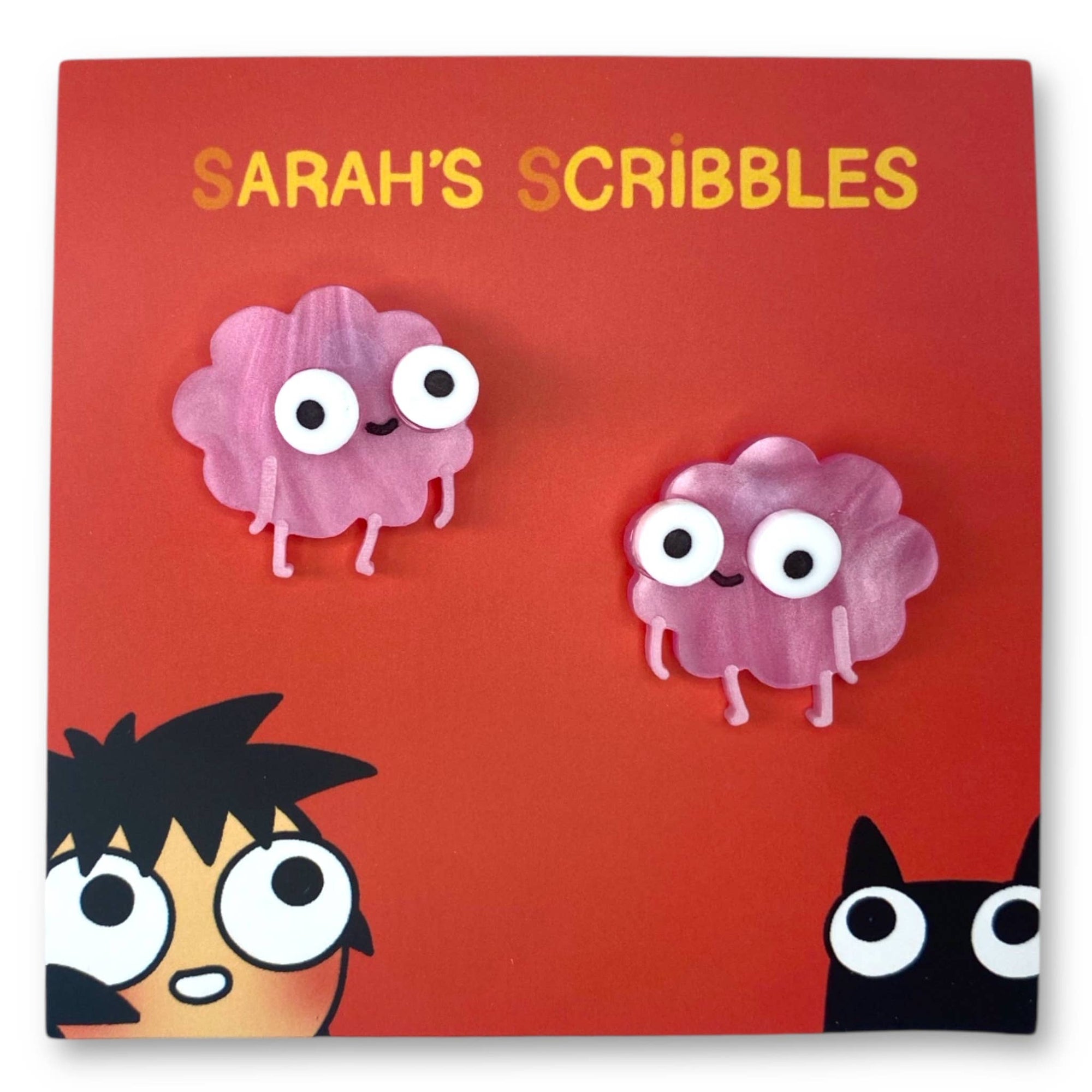 Product packaging for 'Sarah's Scribbles' with cartoon characters on a red background
