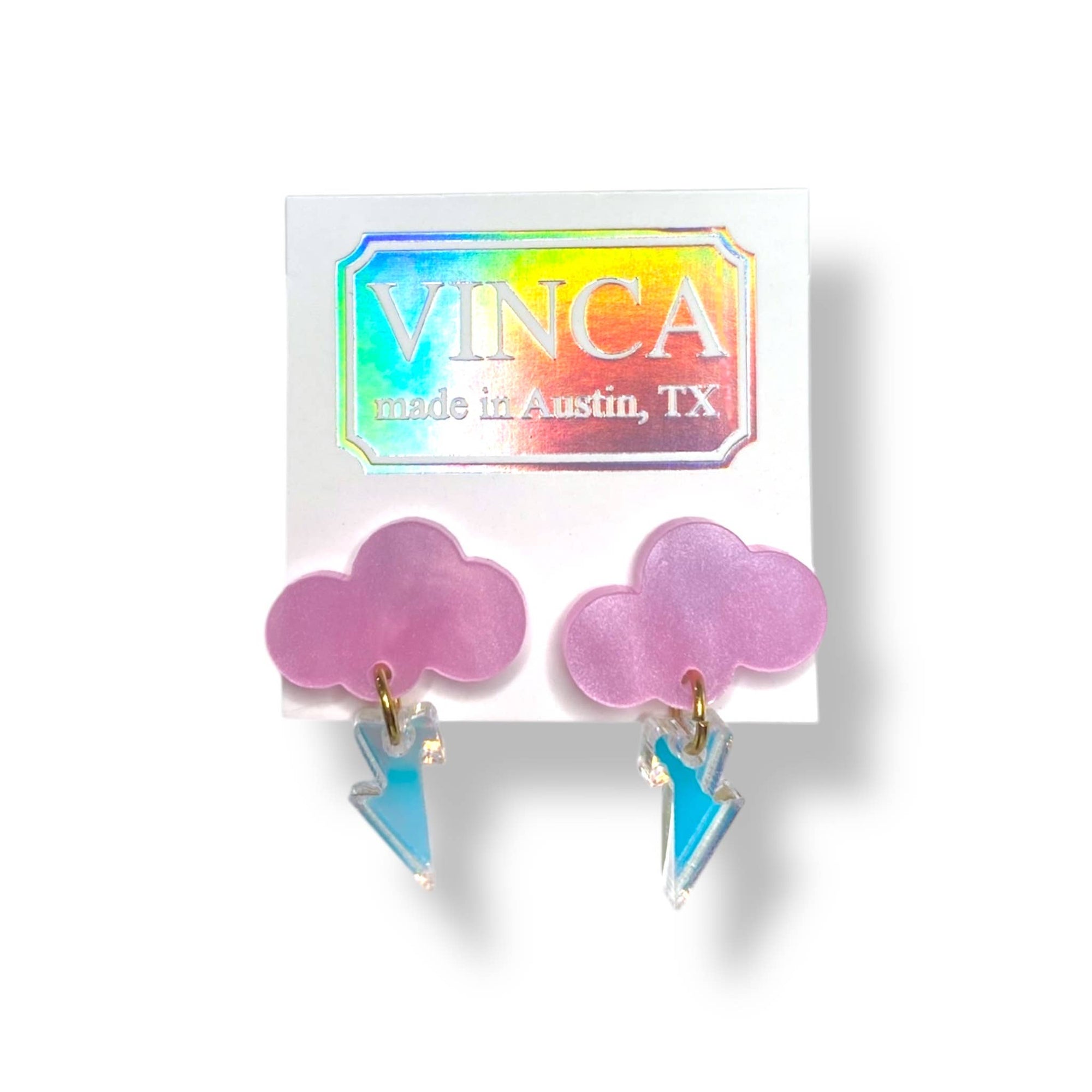 Pink cloud-shaped earrings on a white background with 'VINCA' branding.