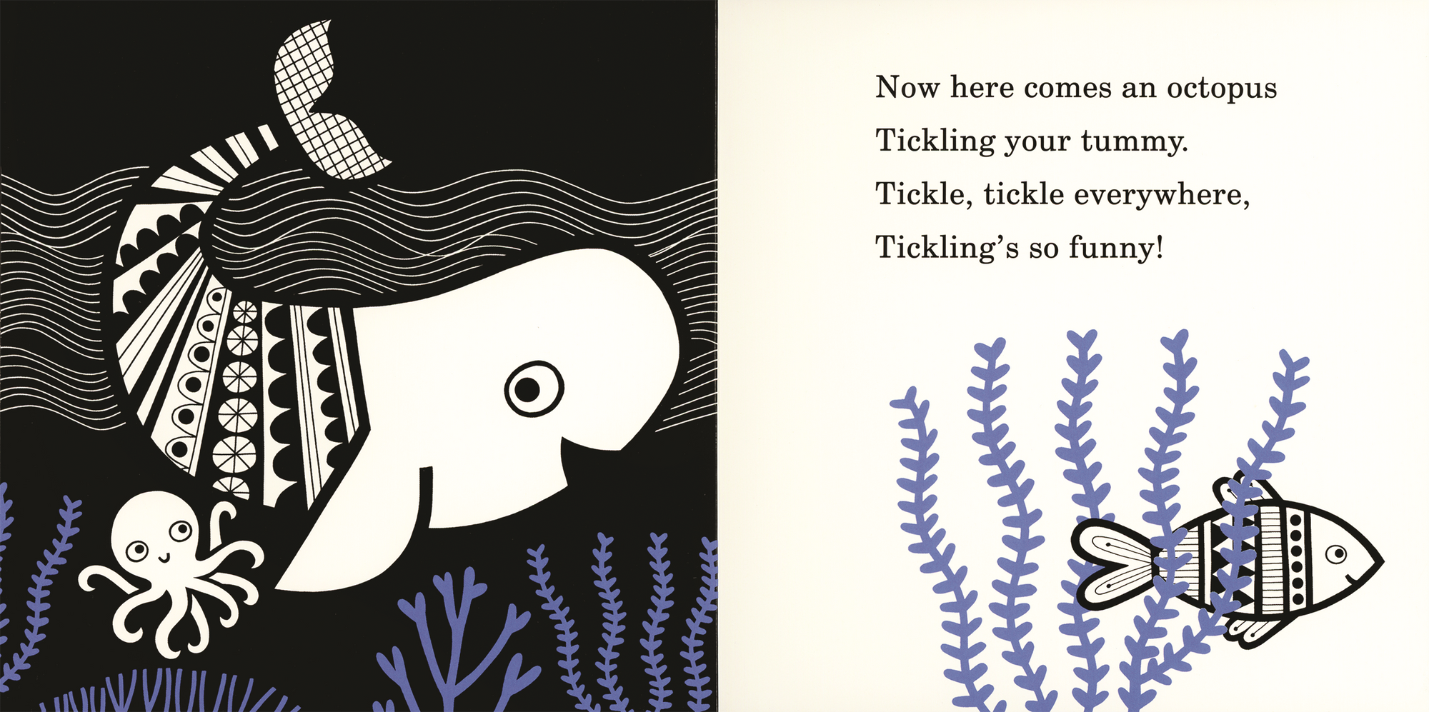 Illustration of an octopus and fish with text on a black and white background