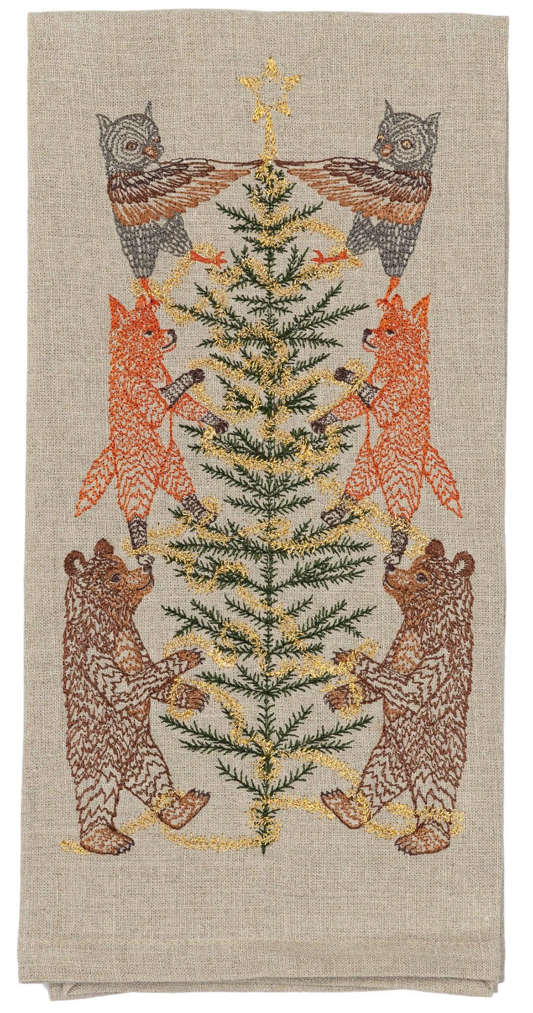 Decorative towel with foxes and bears around a Christmas tree design on a beige background