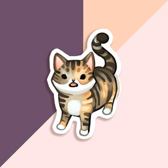 Cartoon cat sticker on a two-tone purple and pink background