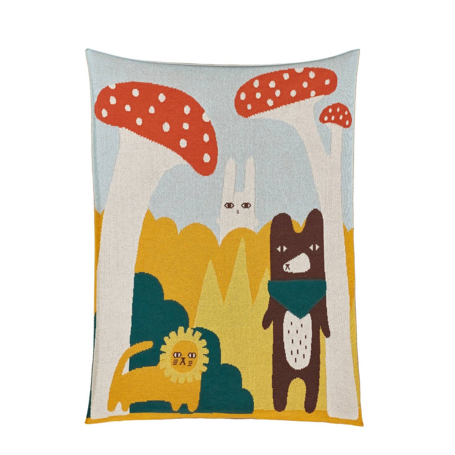 A colorful organic cotton mini blanket with a design featuring a bear, a rabbit, mushrooms, and other playful creatures.