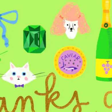 Illustrations of a cat, diamond, bottle, and caviar on a green background with text.