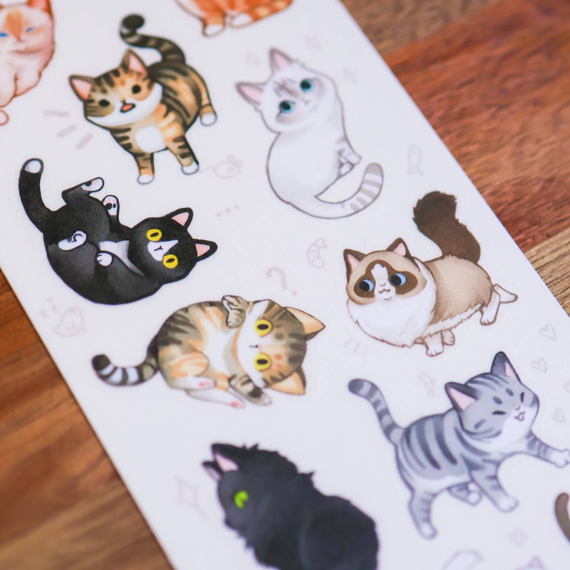 Sheet of cat stickers with various designs on a wooden surface