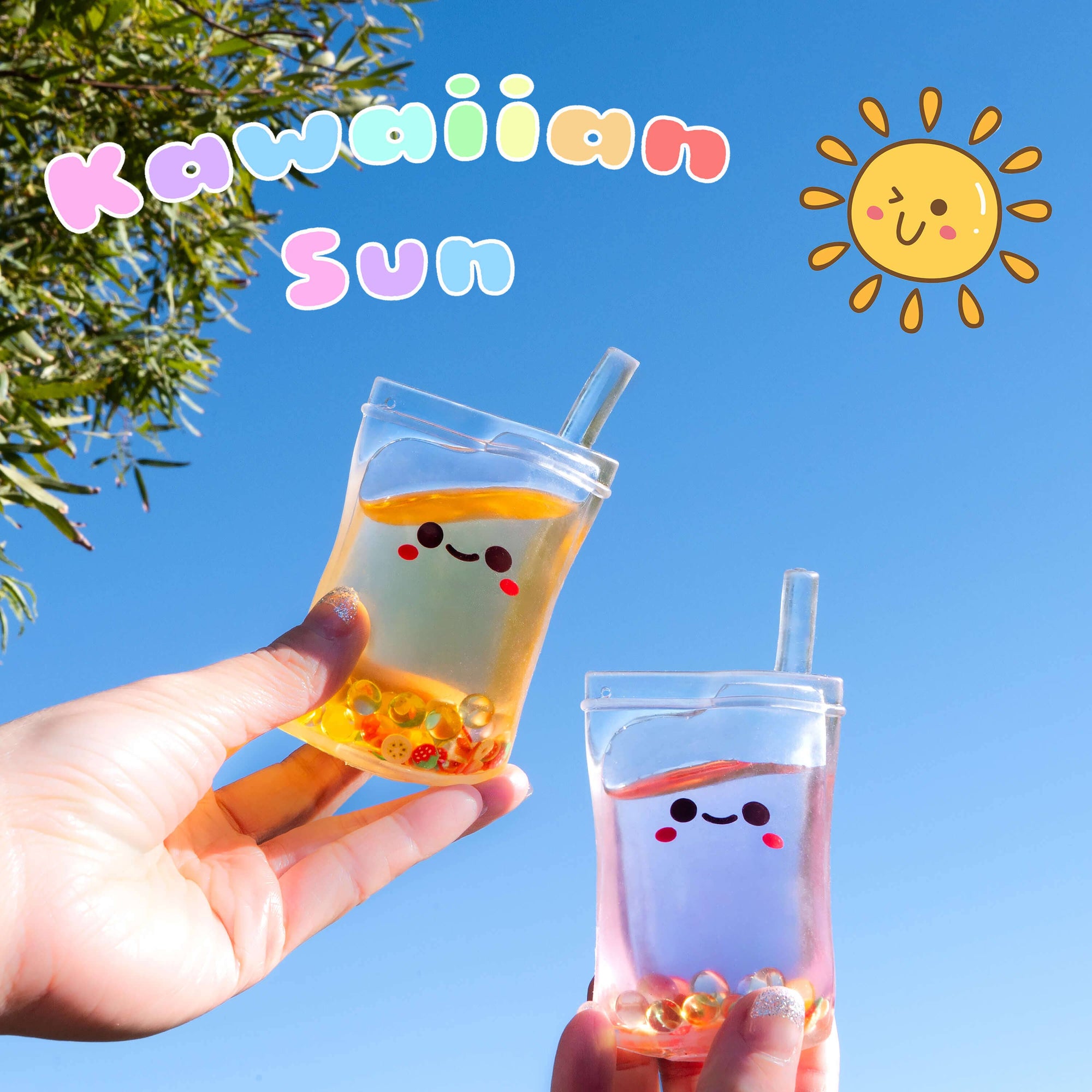 Two bubble tea cups with cartoon faces against a blue sky with a sun and tree.