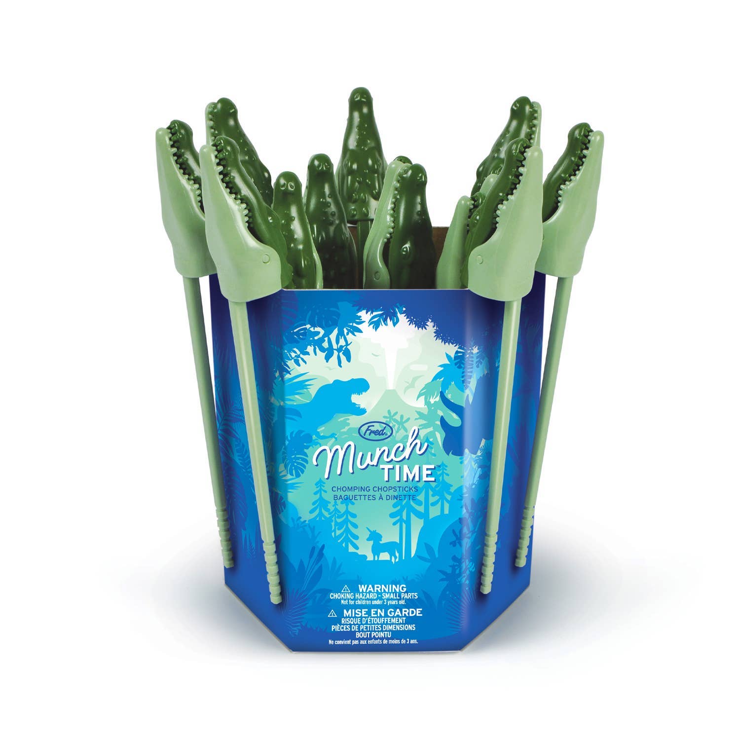 Blue container with green alligator clips labeled 'Munch Time' on a white background