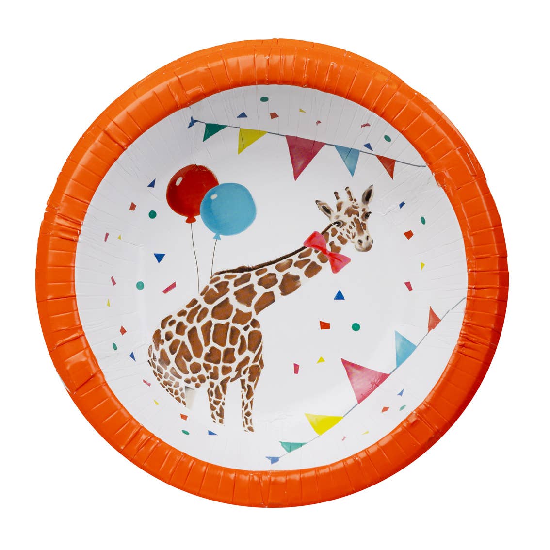 Paper plate with a giraffe design, balloons, and colorful triangles on an orange rim.