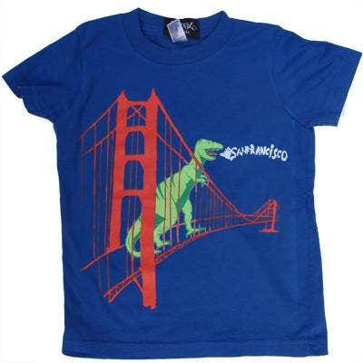 Blue t-shirt with a graphic of a dinosaur on the Golden Gate Bridge and 'San Francisco' text.