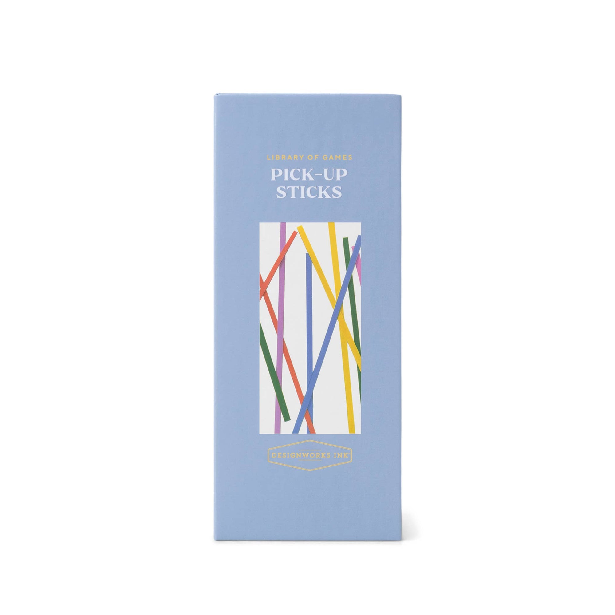 Box of 'Pick-Up Sticks' game on a light blue background