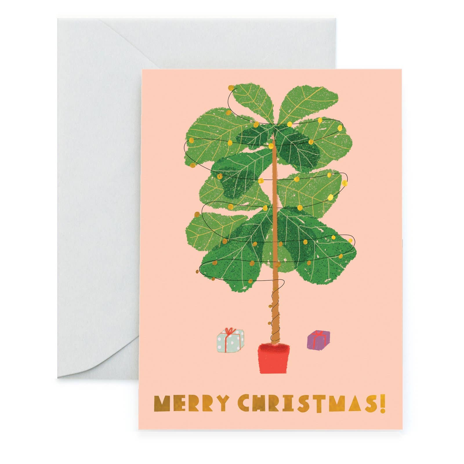 A Christmas greeting card featuring an illustration of a potted Ficus Lyrata plant with the text 'Merry Christmas!' on the front, with a white envelope included.