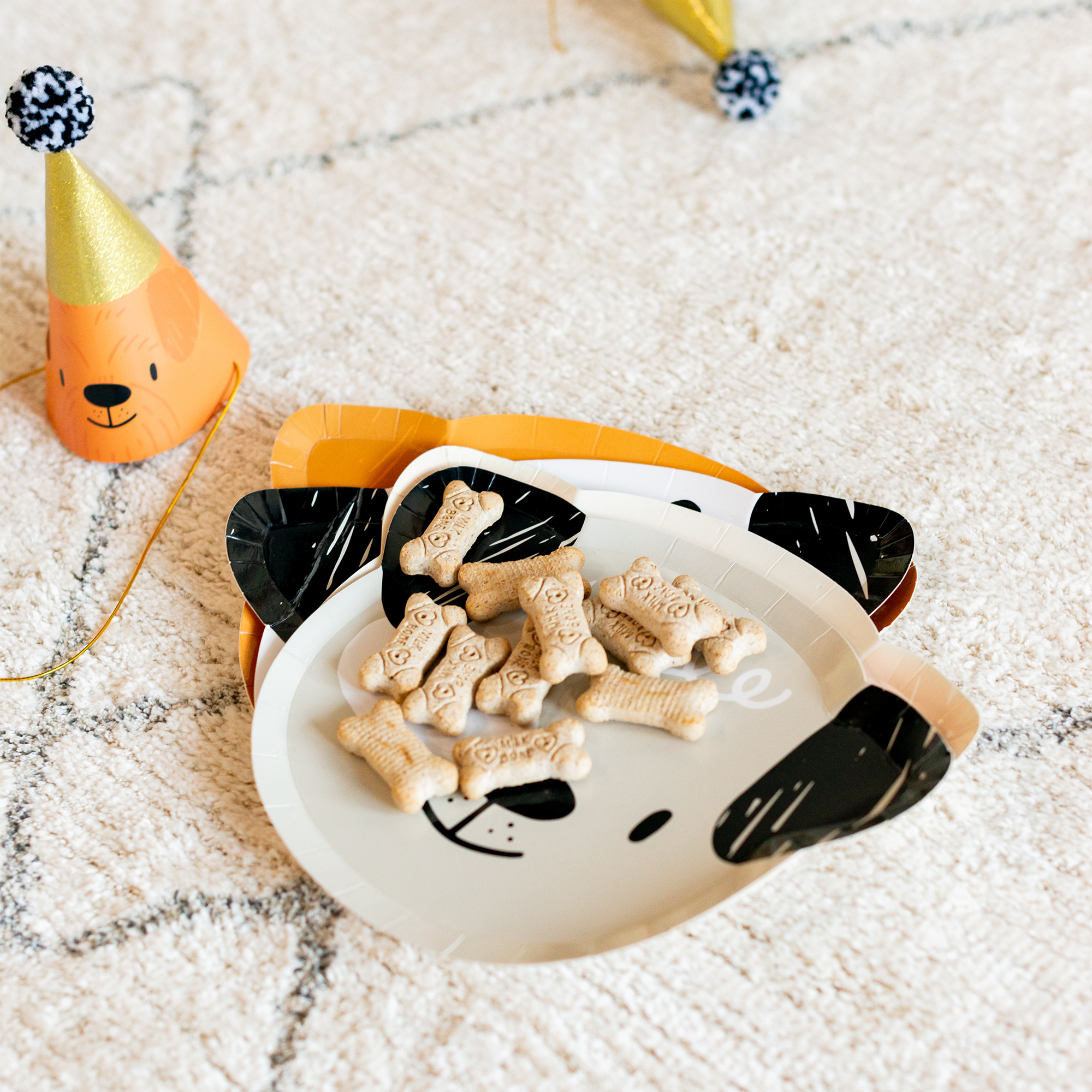 Dog-themed plate with treats on a carpeted floor