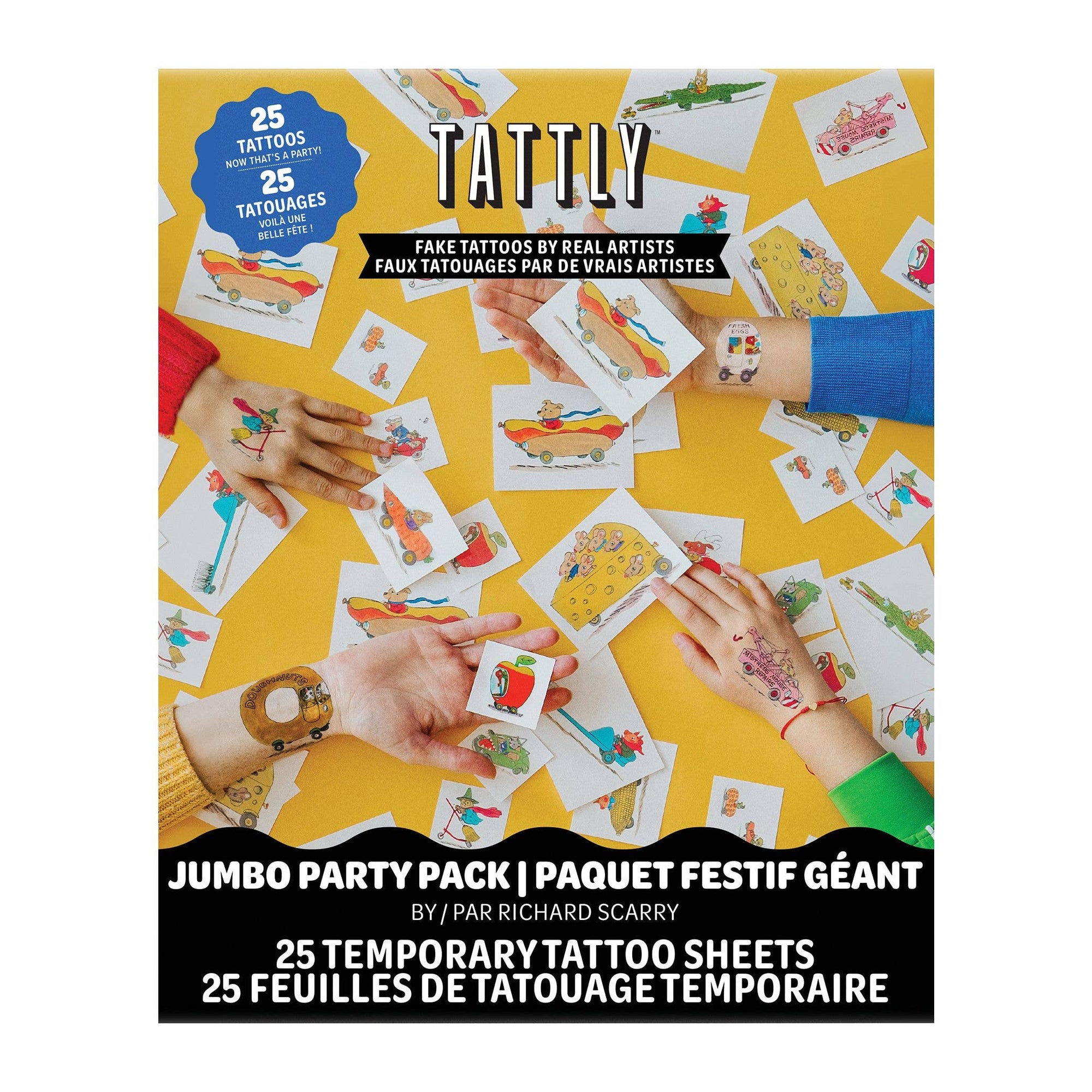 Tattly Jumbo Party Pack with temporary tattoo sheets on a yellow background