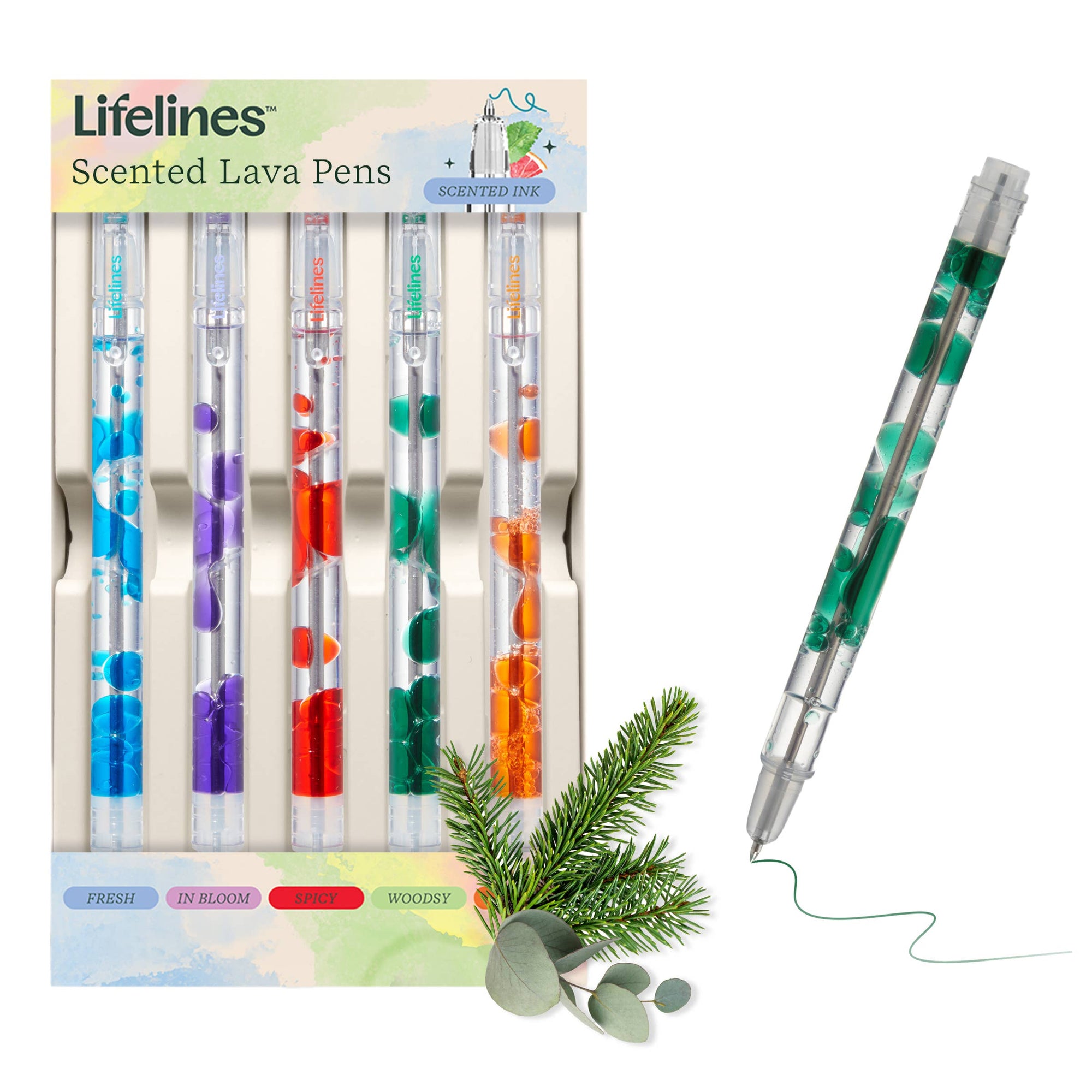 Lifelines scented lava pens with packaging and a pen on a white background