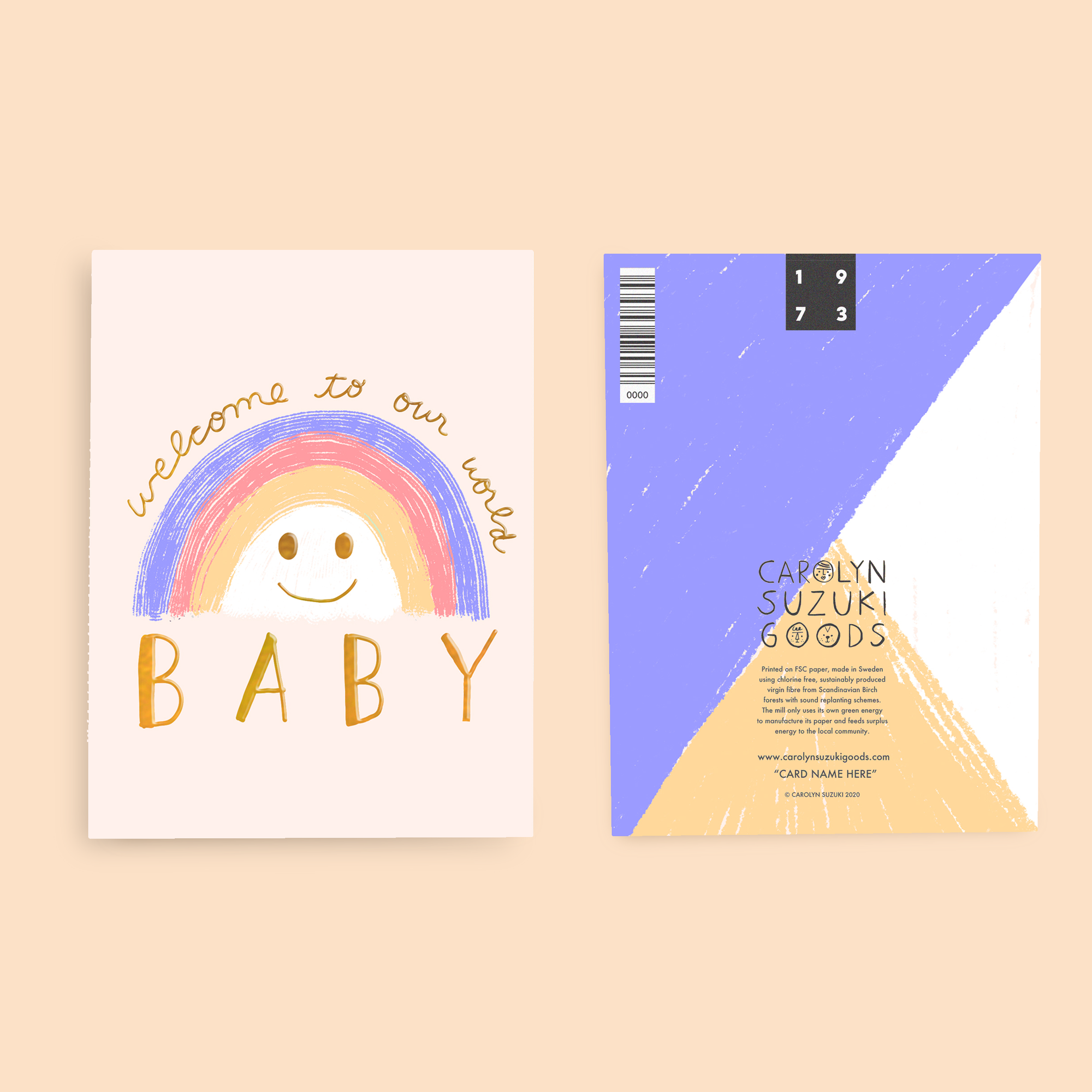 Baby shower card with rainbow and 'welcome to our world BABY' text, alongside a branded product packaging on a beige background.