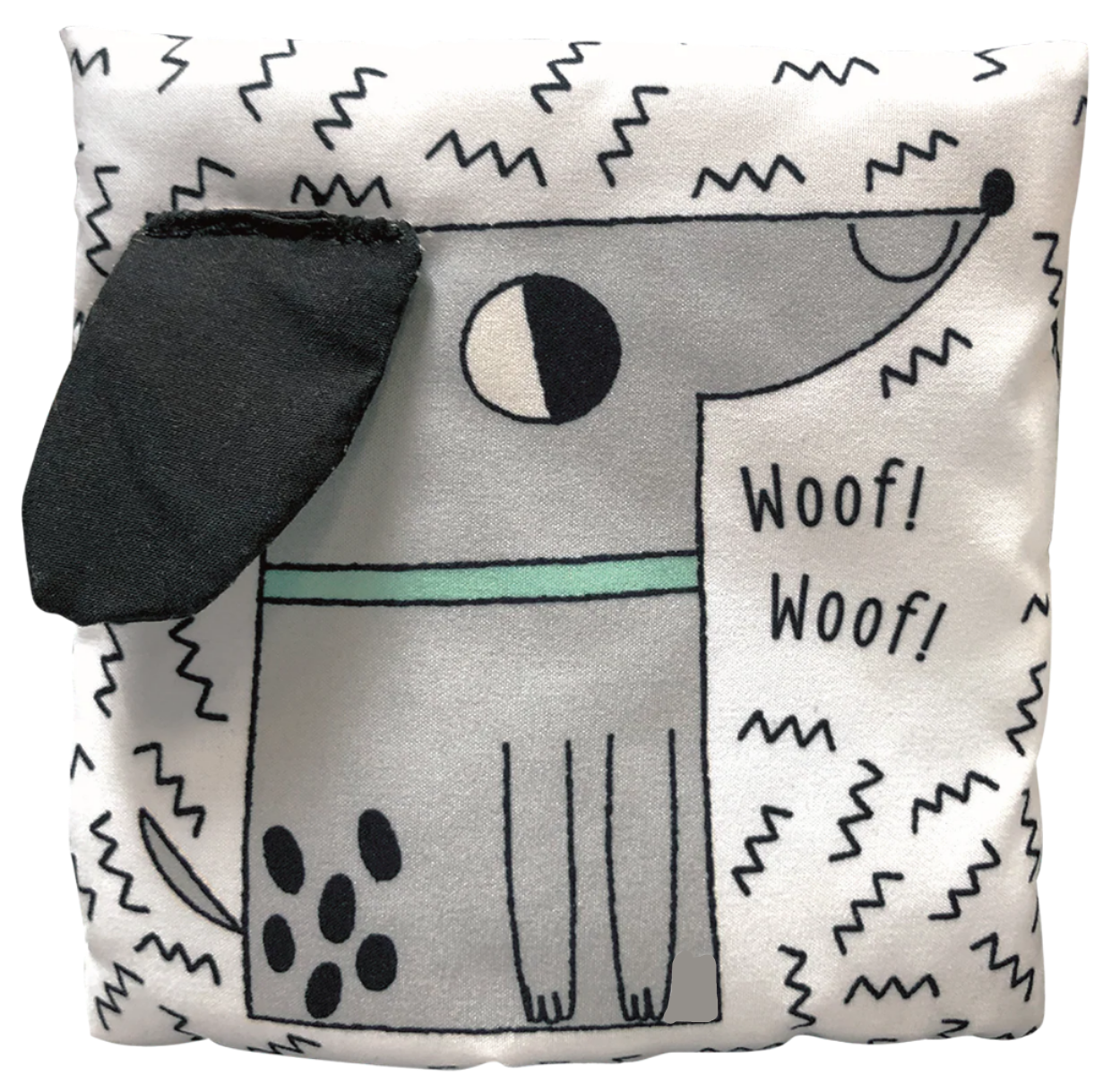 Book with a dog illustration and 'Woof! Woof!' text on a white background