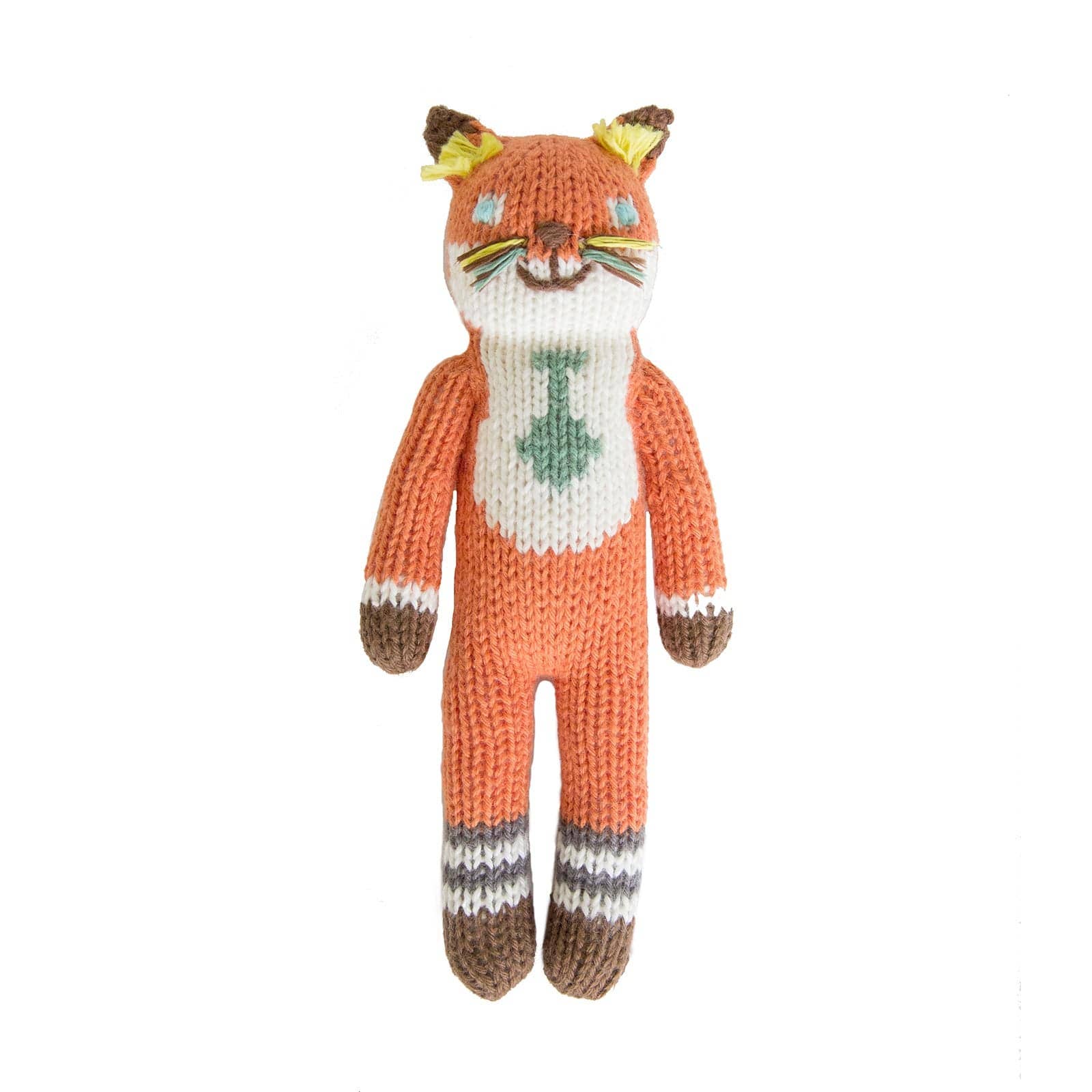 Knitted fox rattle with a white background