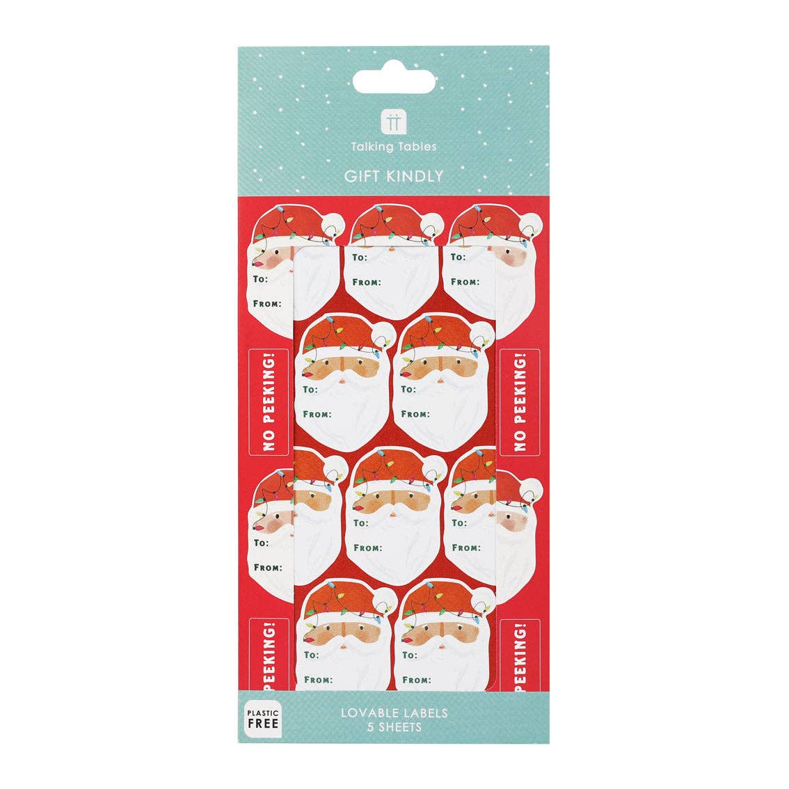 Pack of gift labels with Santa Claus design on a red and green background