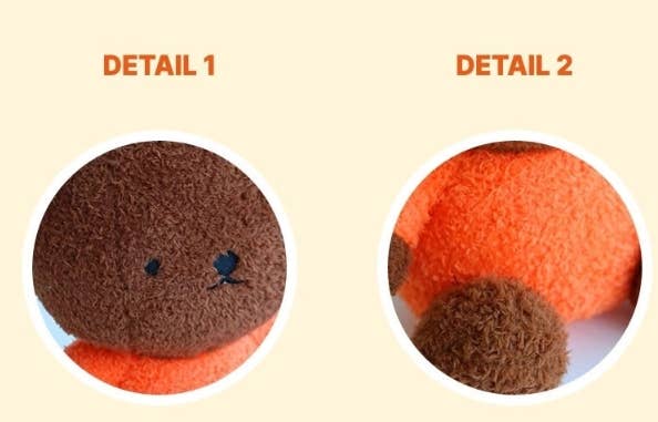 Two close-up views of a brown and orange textured ball with facial features on a beige background.