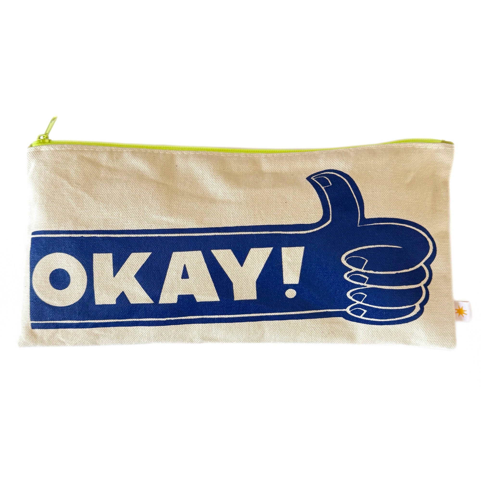 Pouch with 'OKAY!' and a thumbs-up gesture on a beige background