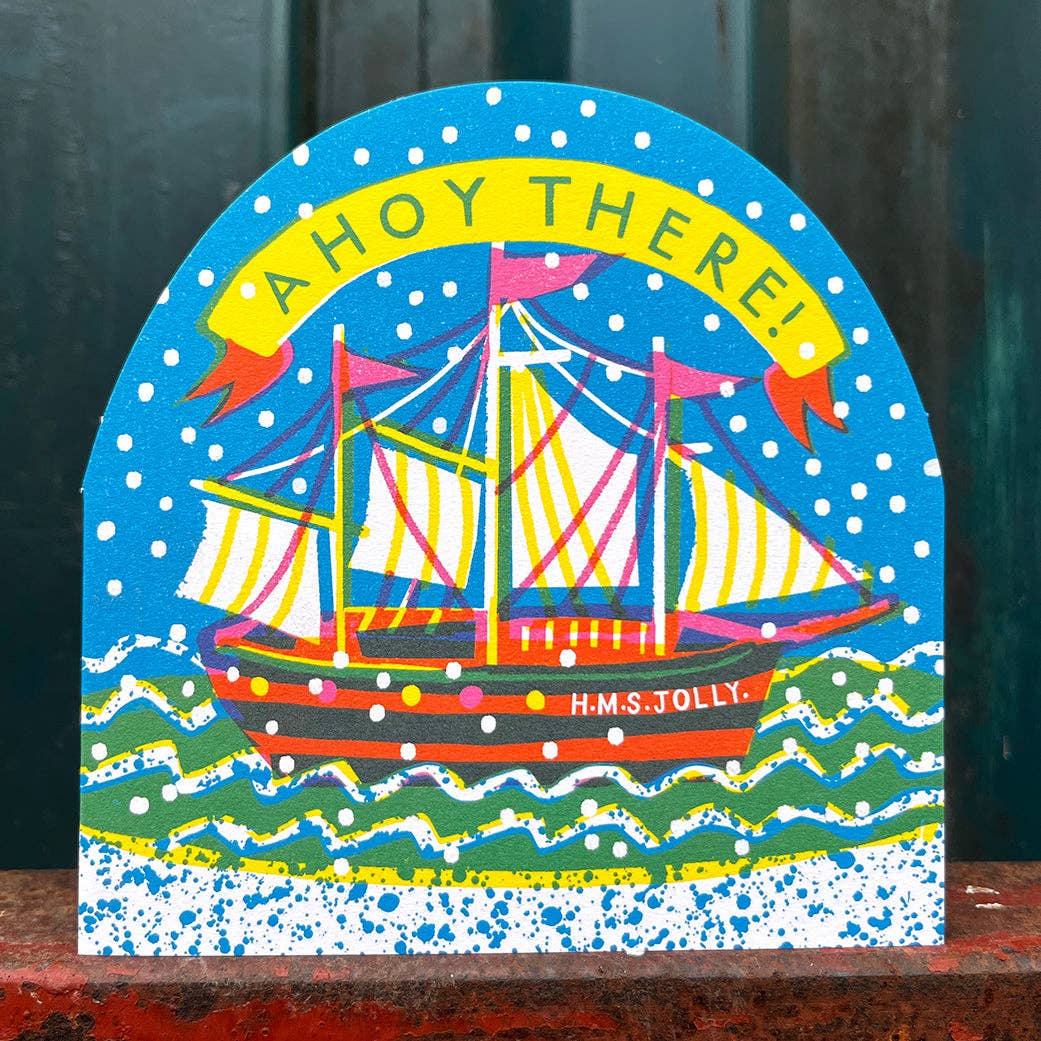 Colorful ship illustration with 'A HoY There!' text on a blue background