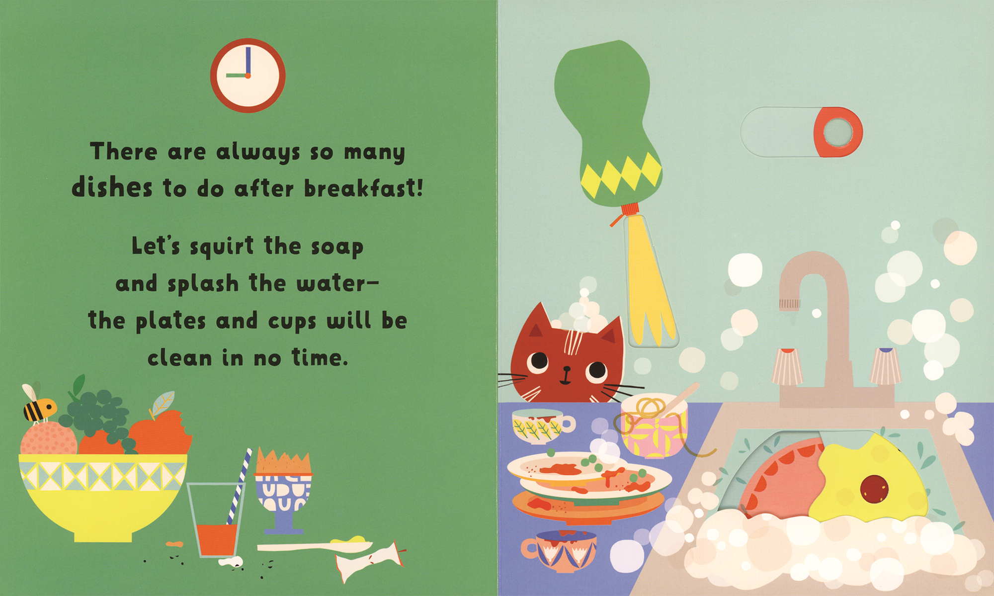 Illustration of a kitchen scene with dishes and a cat, accompanied by text.