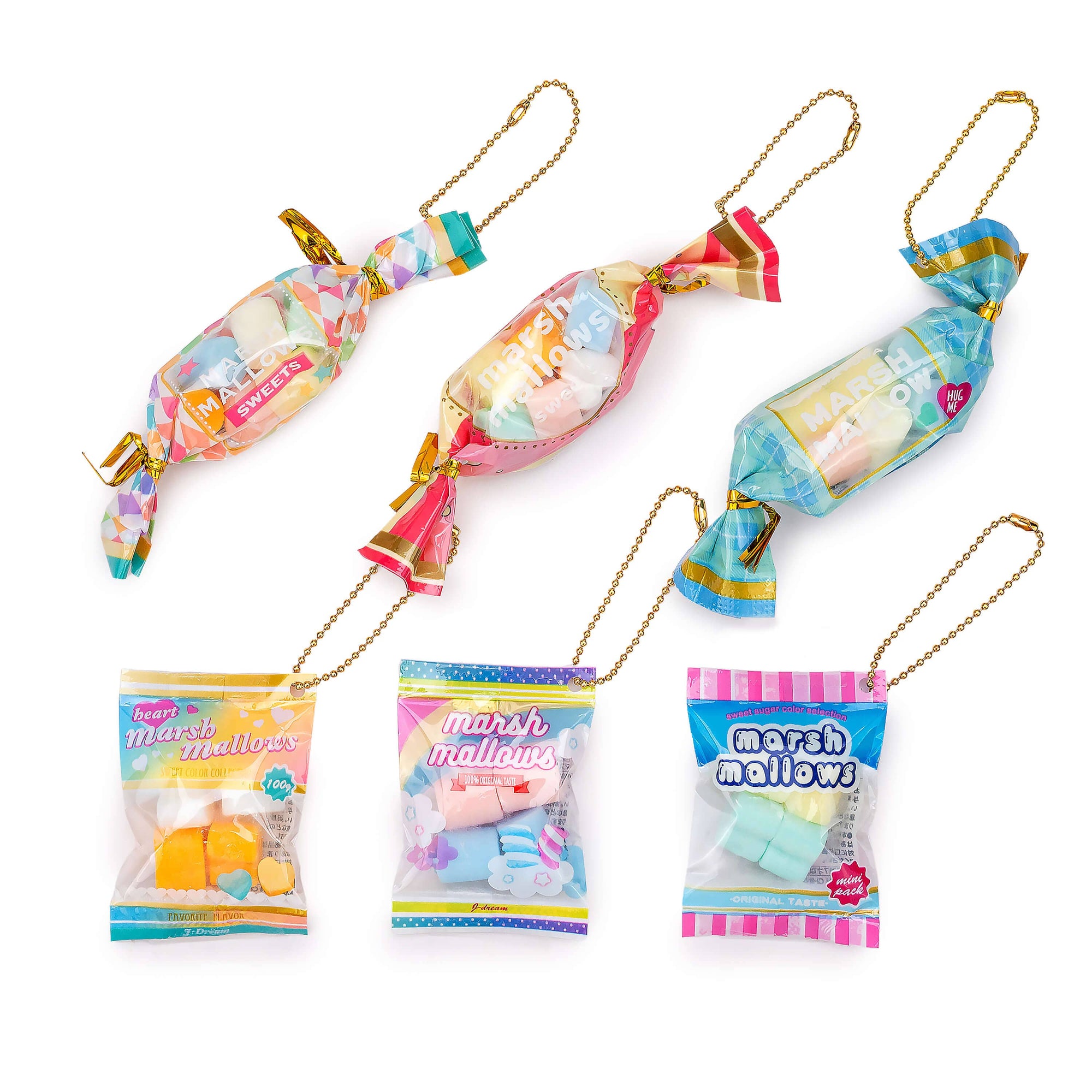Colorful candy-shaped toys with packaging on a white background