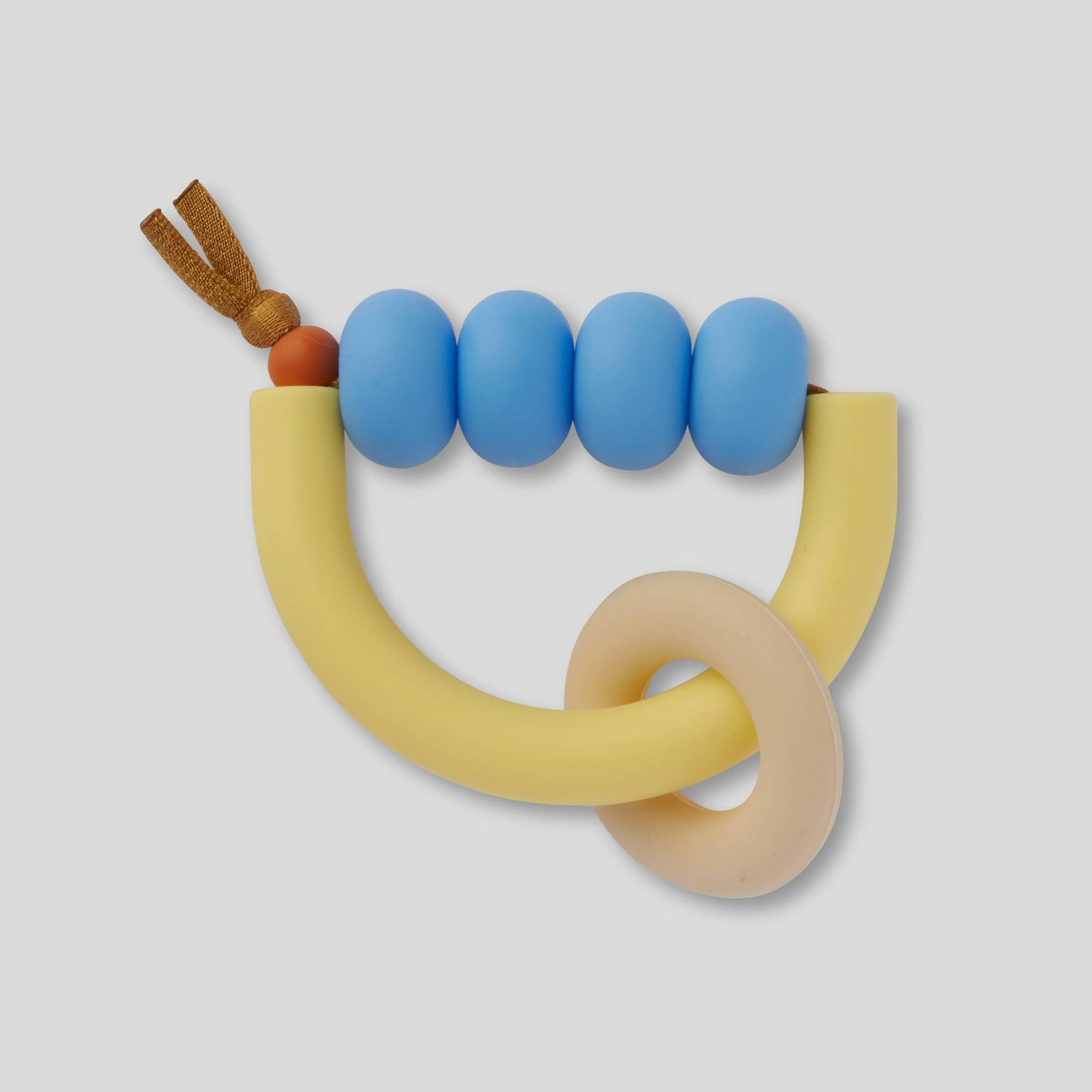 Teething ring with blue beads and yellow arches on a light gray background
