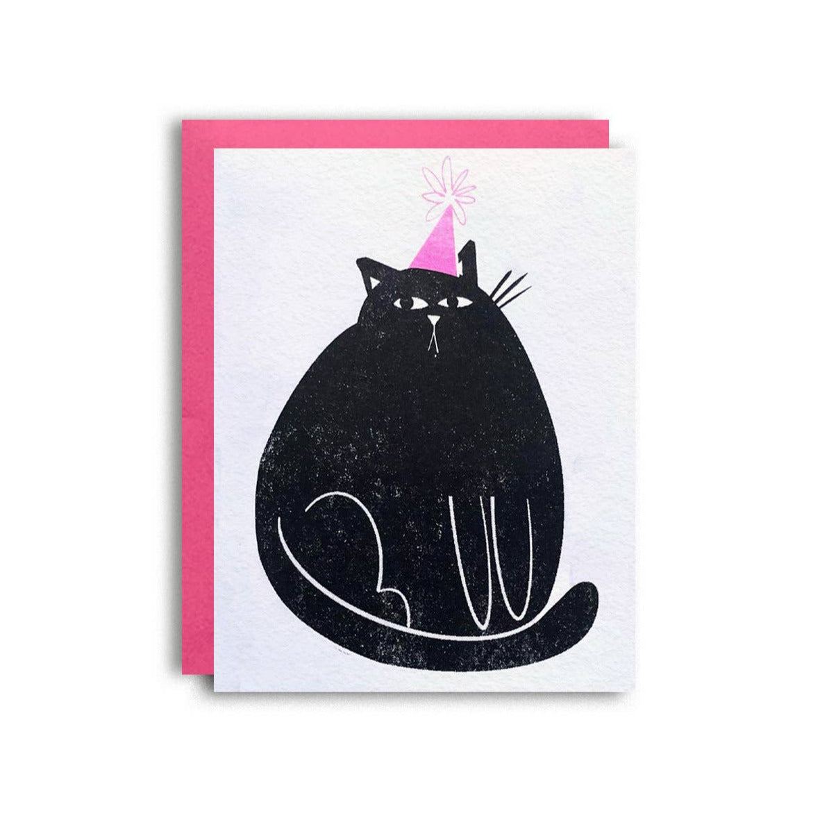 Greeting card with a black cat wearing a pink party hat on a white background