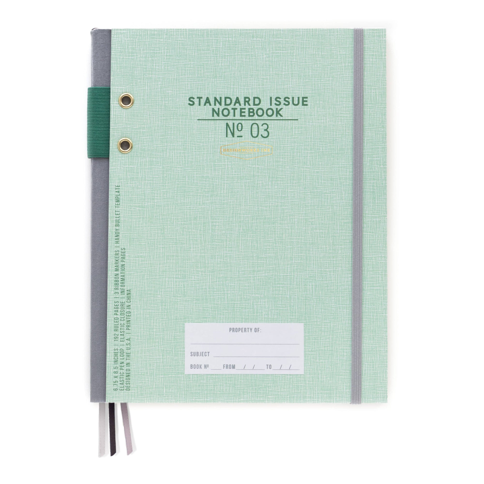 Light green notebook with gray spine on a white background