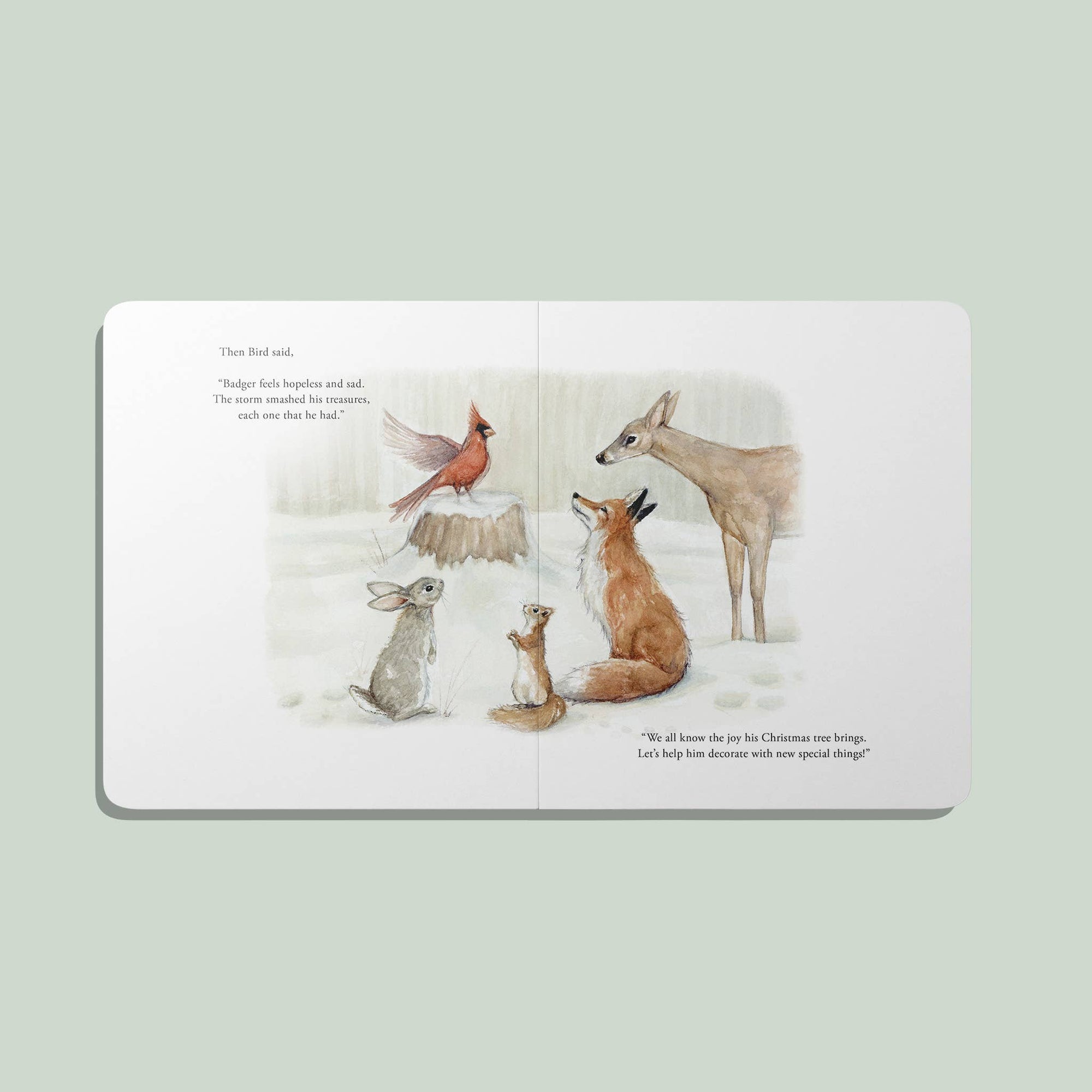 Illustrated book page with animals on a light green background