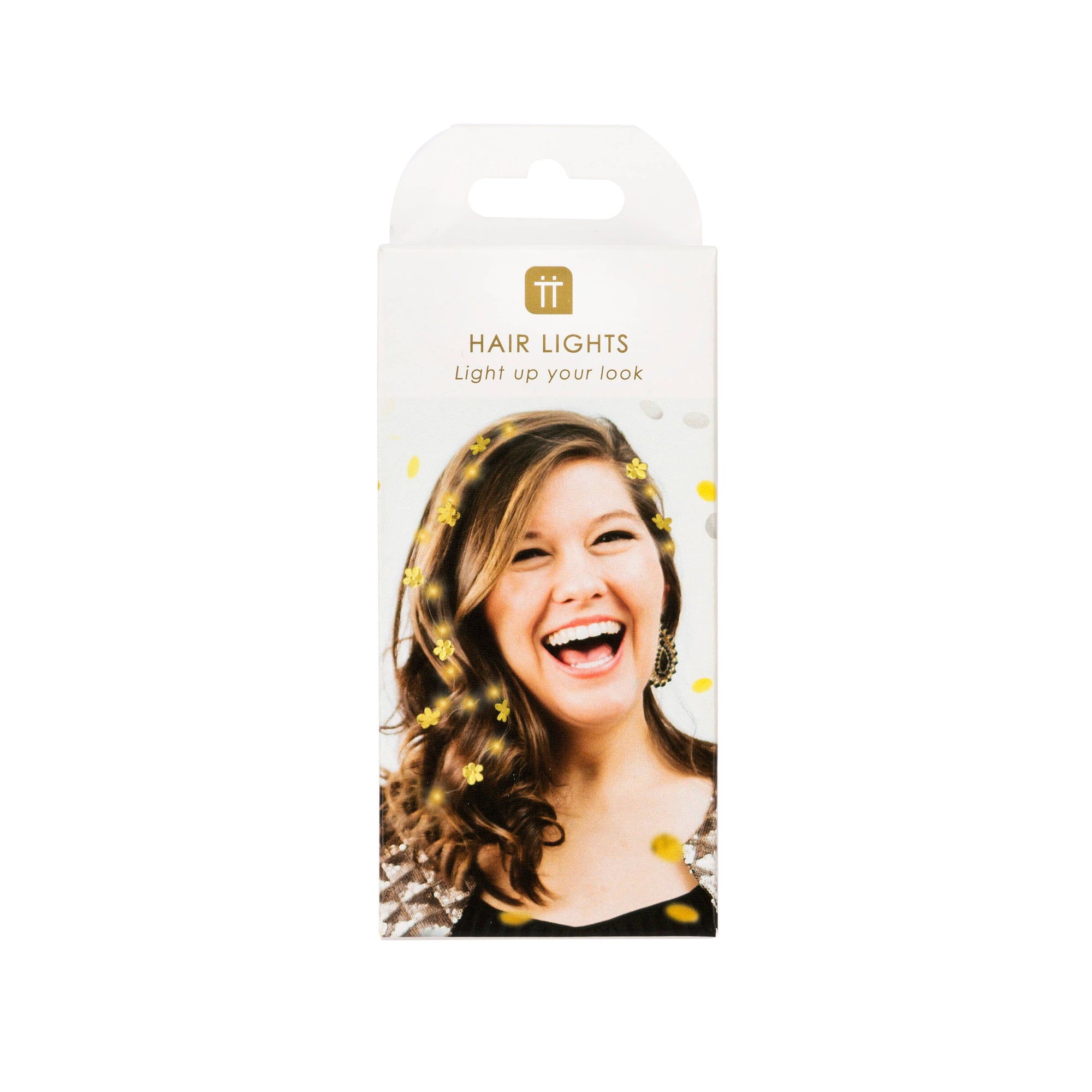 Packaging of hair lights with a woman wearing them on a white background