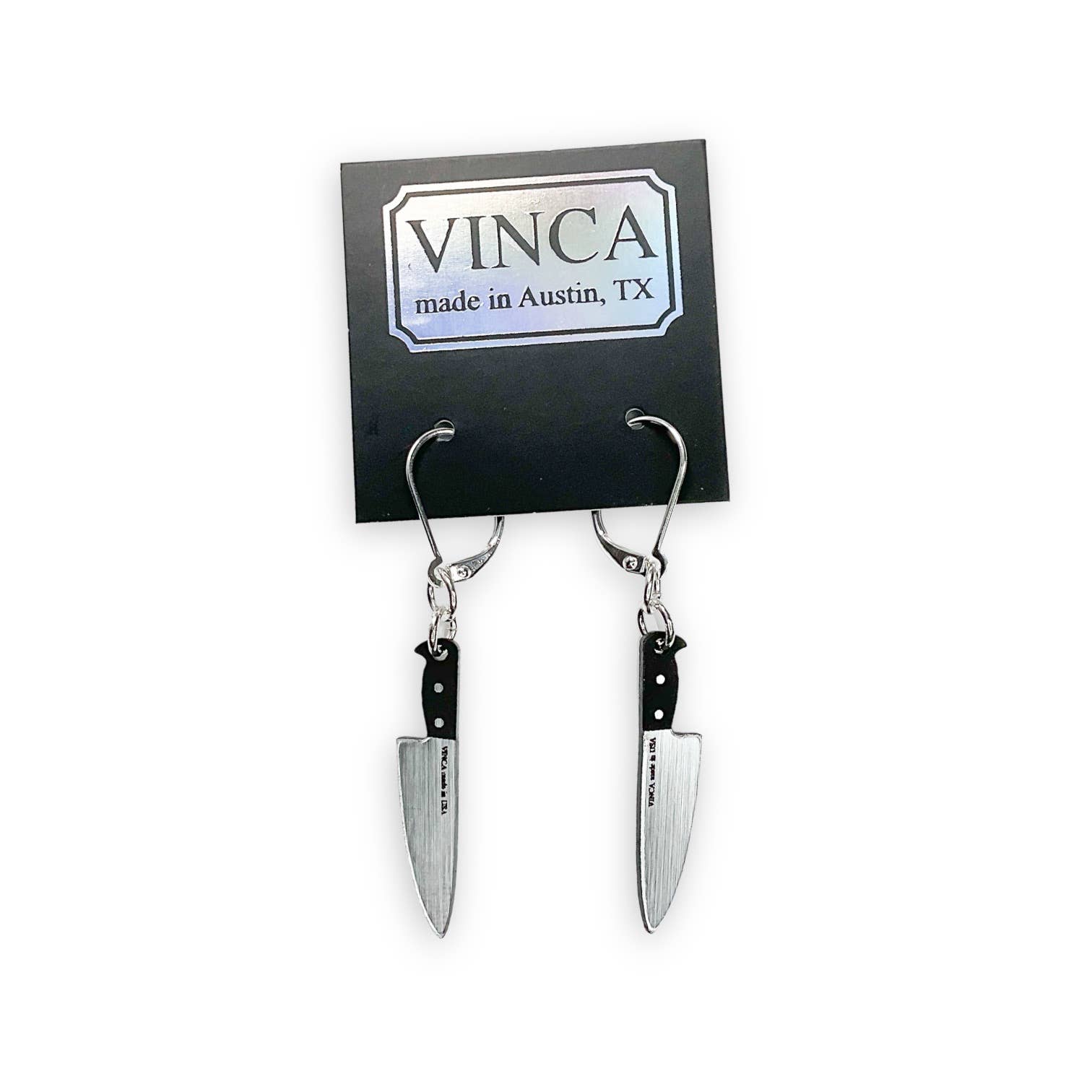 Knife-shaped earrings on a black card with 'VINCA made in Austin, TX' text against a white background.