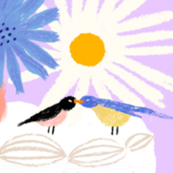 Two birds and a sunflower on a colorful background