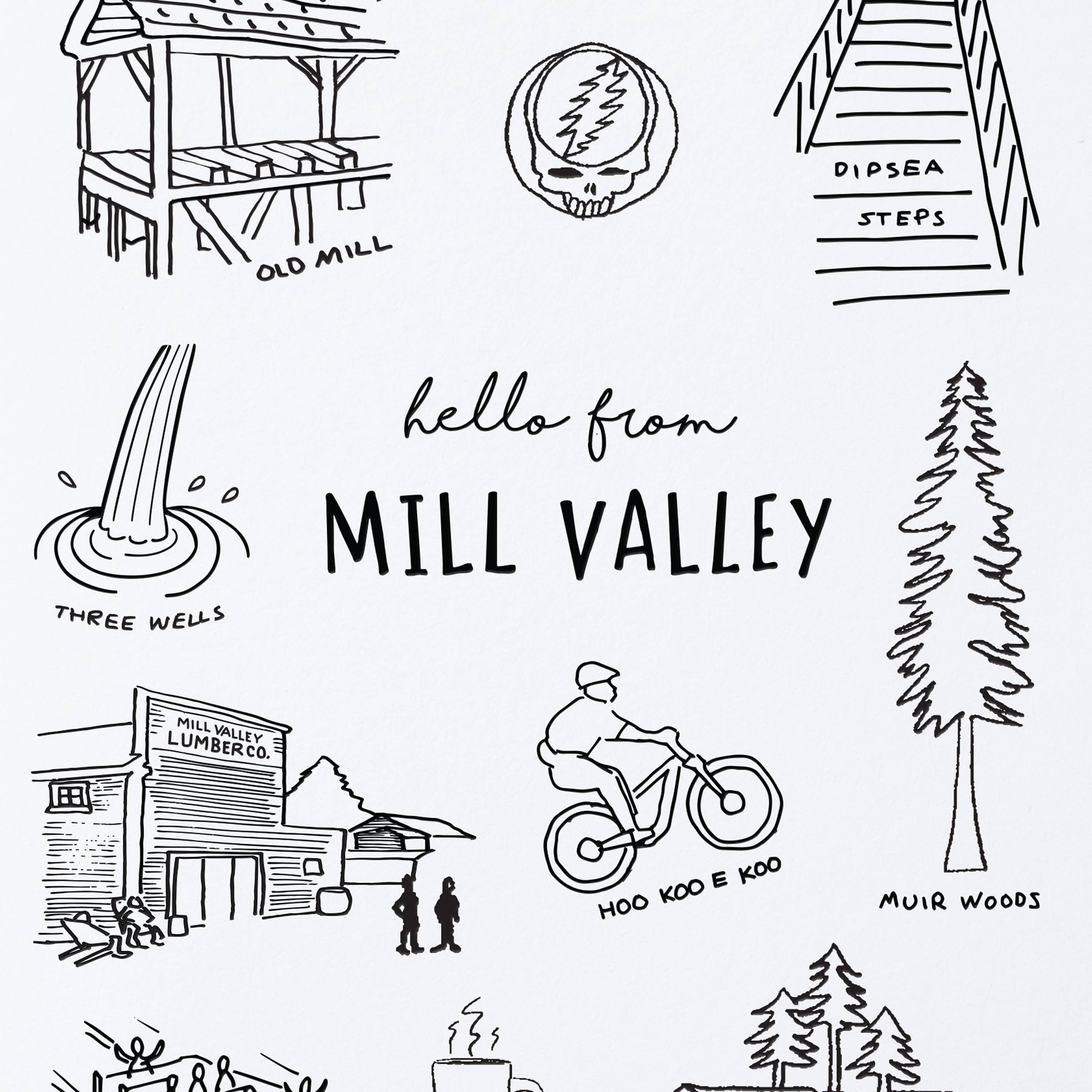 Illustrations of Mill Valley landmarks with text 'hello from MILL VALLEY'.