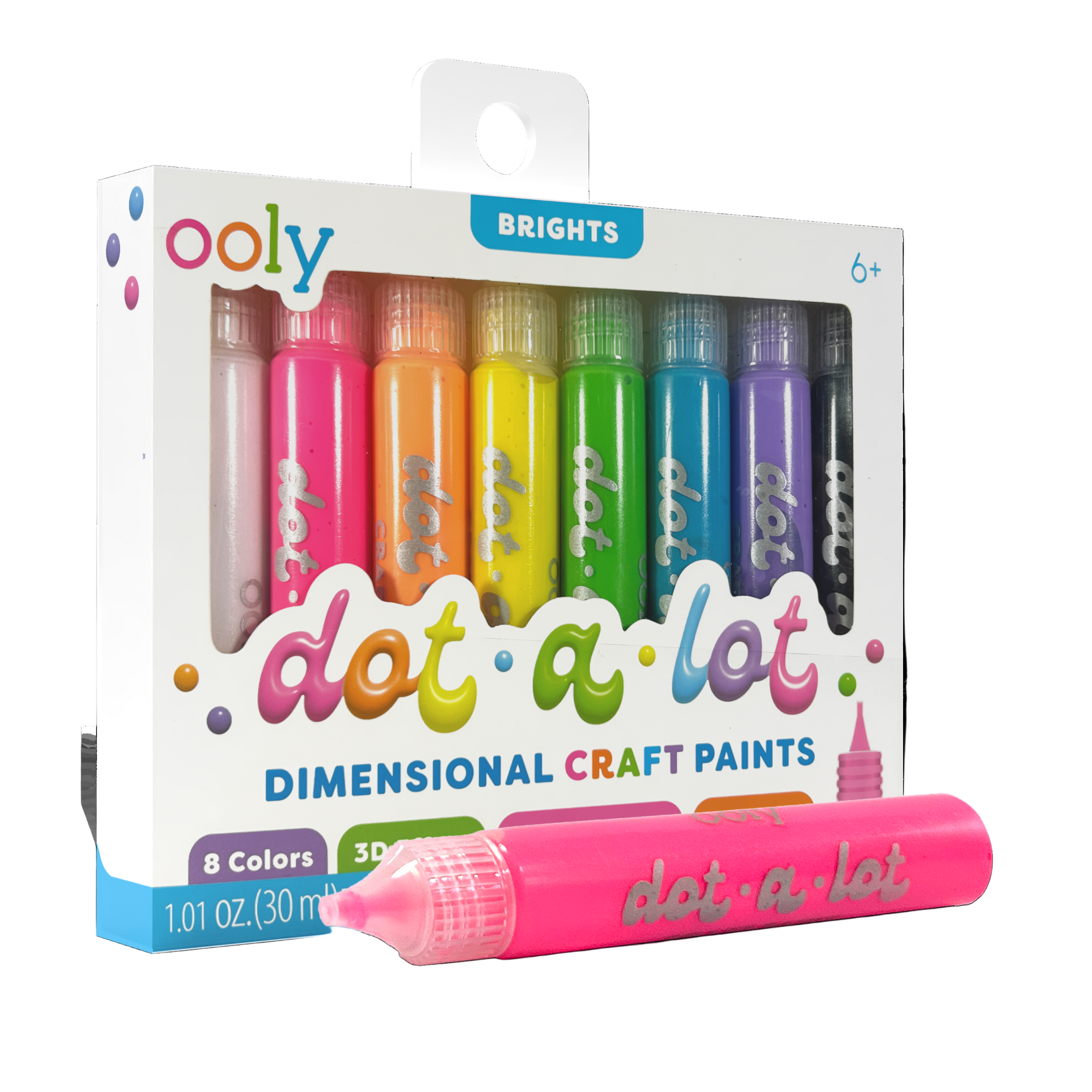 Packaging of Ooly dot-a-lot dimensional craft paints with a pink paint pen on a white background