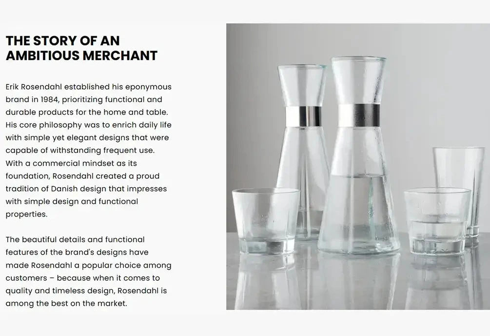 Glass carafes and glasses on a reflective surface with text about Rosenthal brand.