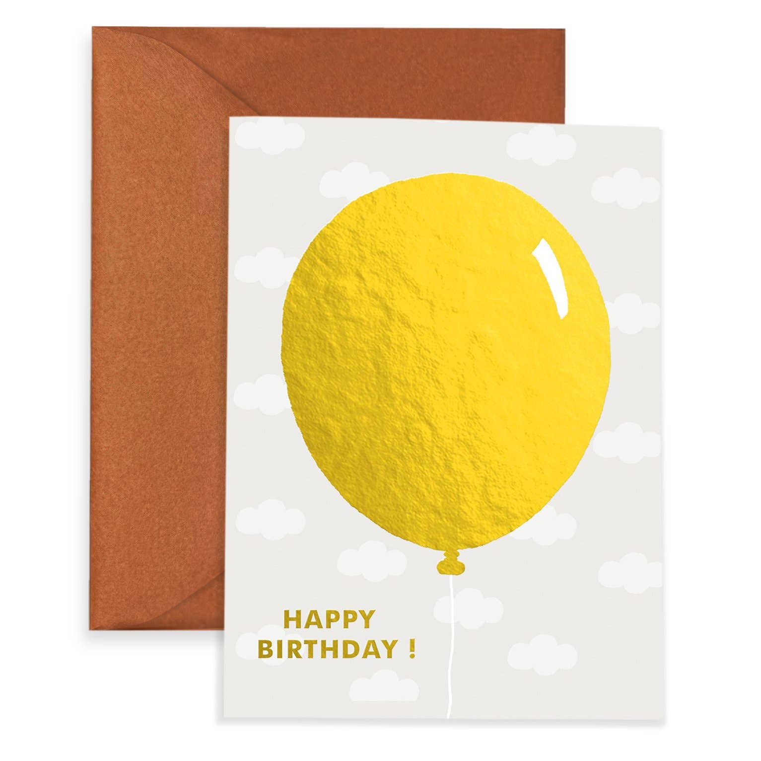 A birthday card featuring a gold balloon illustration with the text 'HAPPY BIRTHDAY!' on the front, accompanied by a brown envelope, all presented in a clear packaging sleeve.